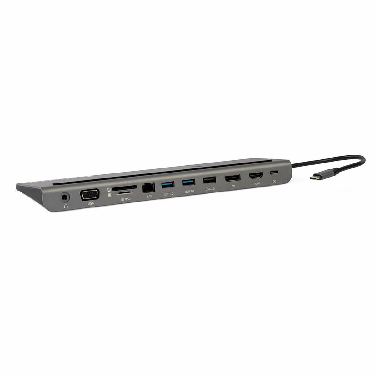 Hub grigio con più porte tra cui USB, HDMI ed Ethernet. Cavo USB-C collegato.