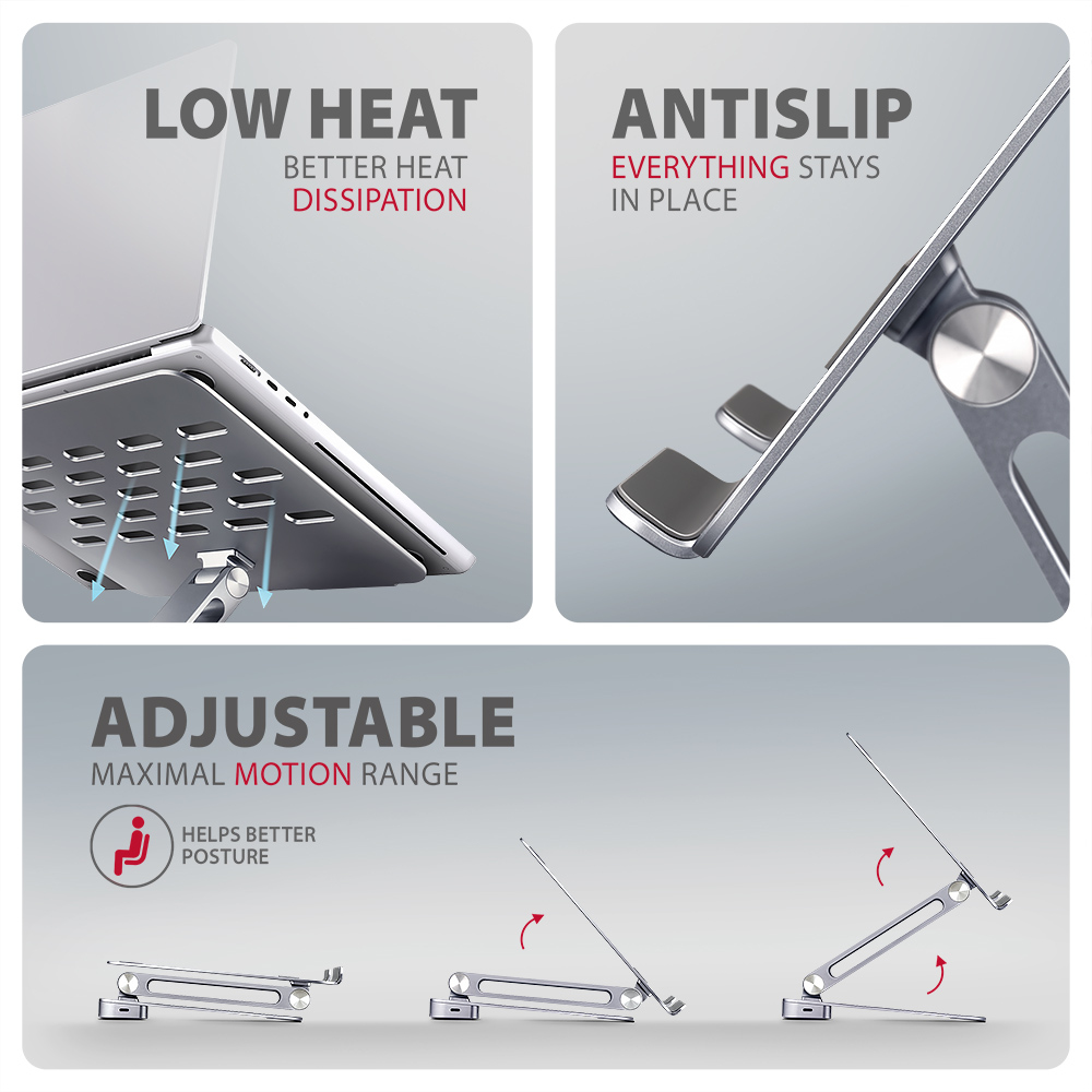 Supporto per laptop con bassa temperatura, antiscivolo e altezza regolabile per postura migliore.