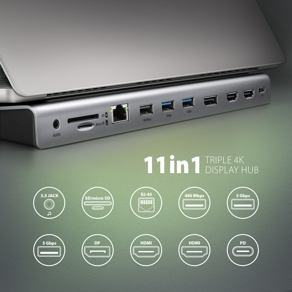 Hub display 11-in-1 nero. Laptop dietro. Icone e testi di più porte visibili.