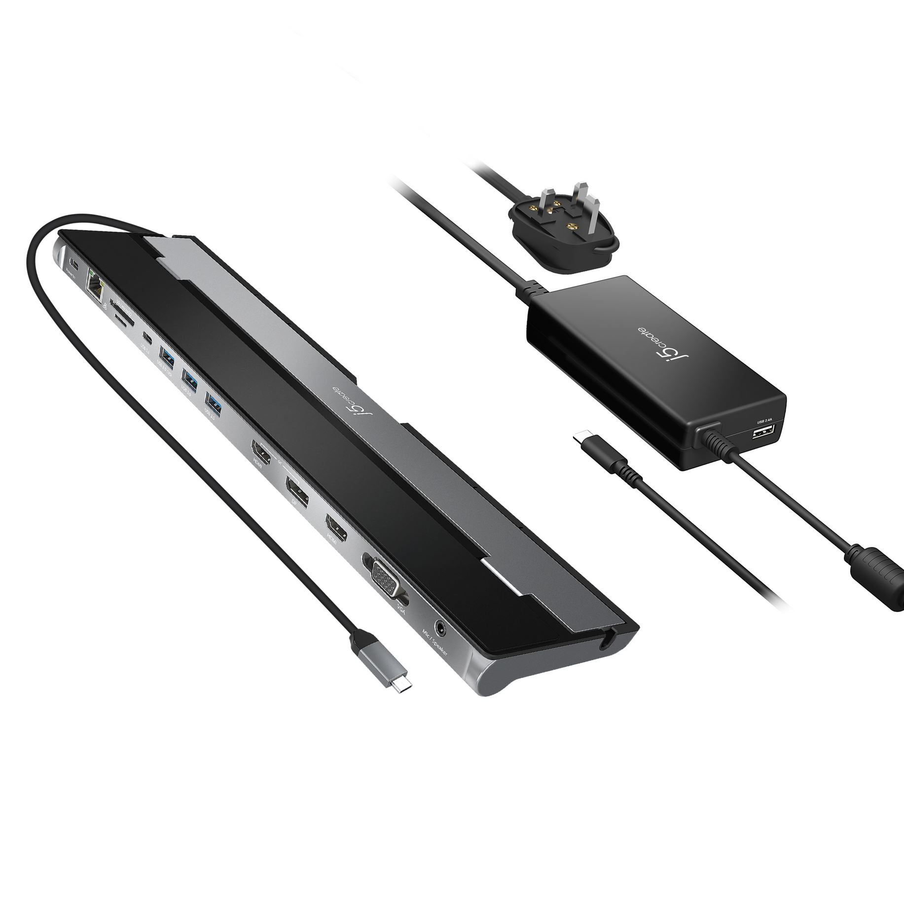 Un hub USB nero e grigio con più porte, un adattatore di alimentazione e un cavo collegato, su bianco.