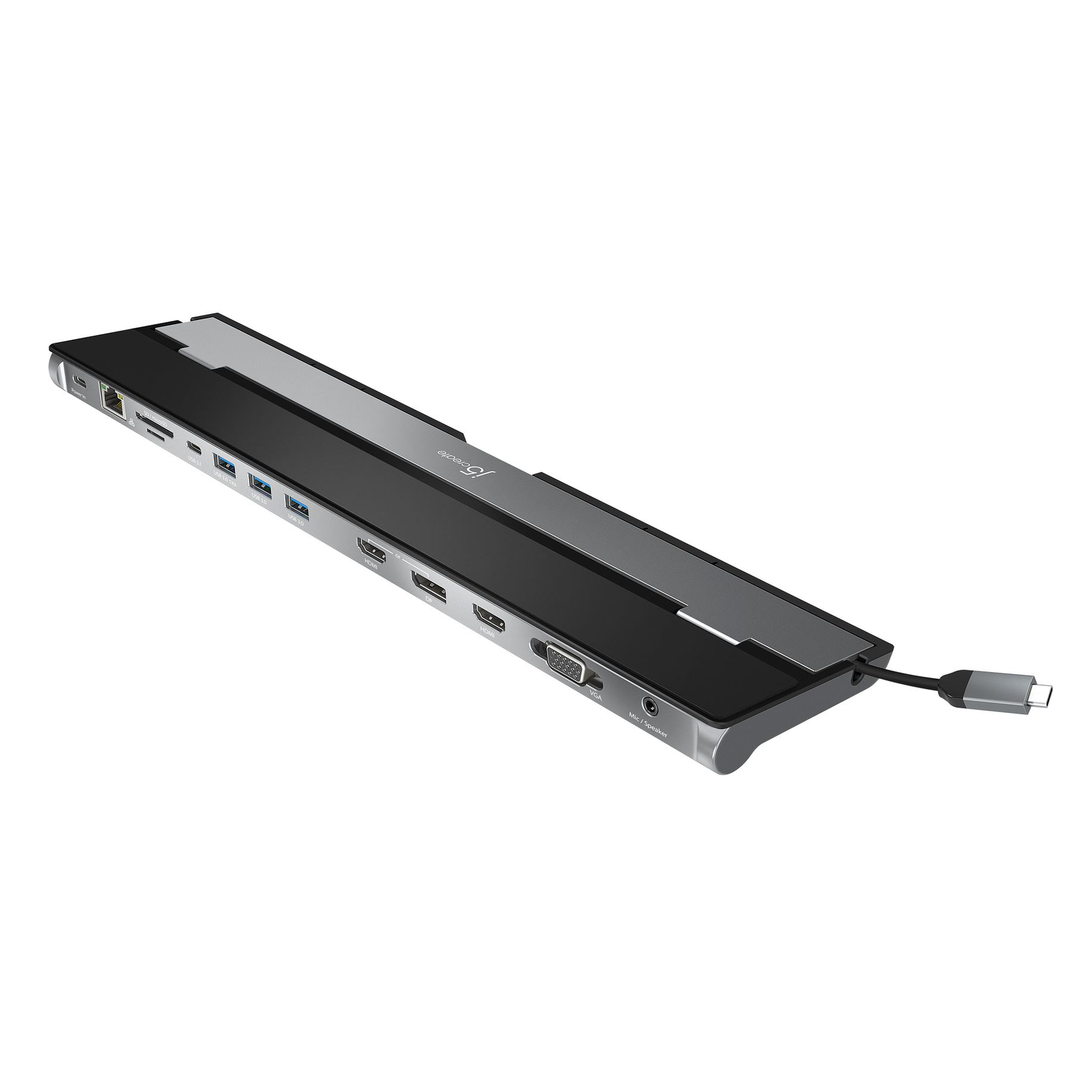 Hub nero e argento con varie porte. Include USB, HDMI e slot per schede SD.