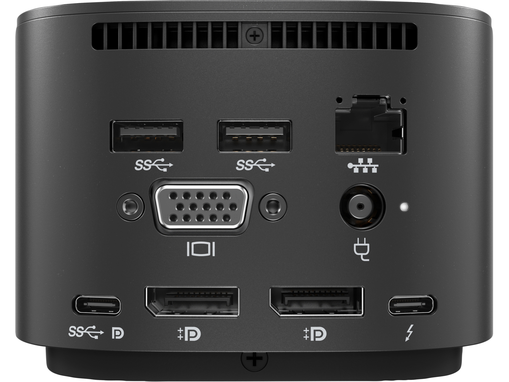 Hub nero con varie porte: USB, HDMI, LAN, alimentazione e altro.