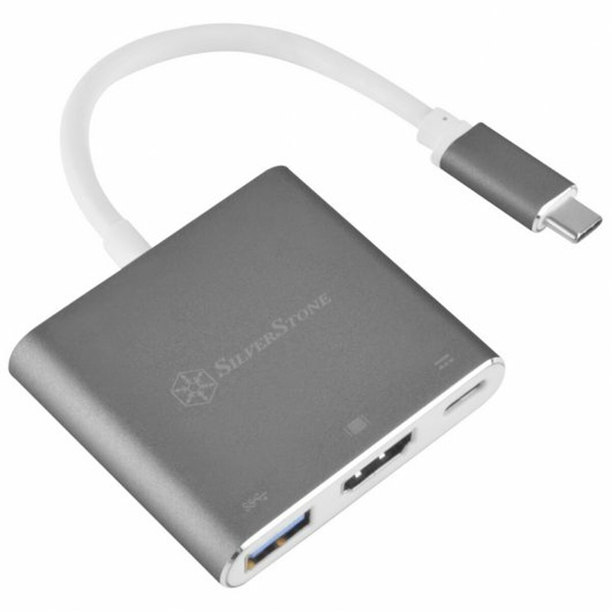 Un hub USB-C argentato con una porta HDMI e una porta USB. Un cavo bianco è collegato.