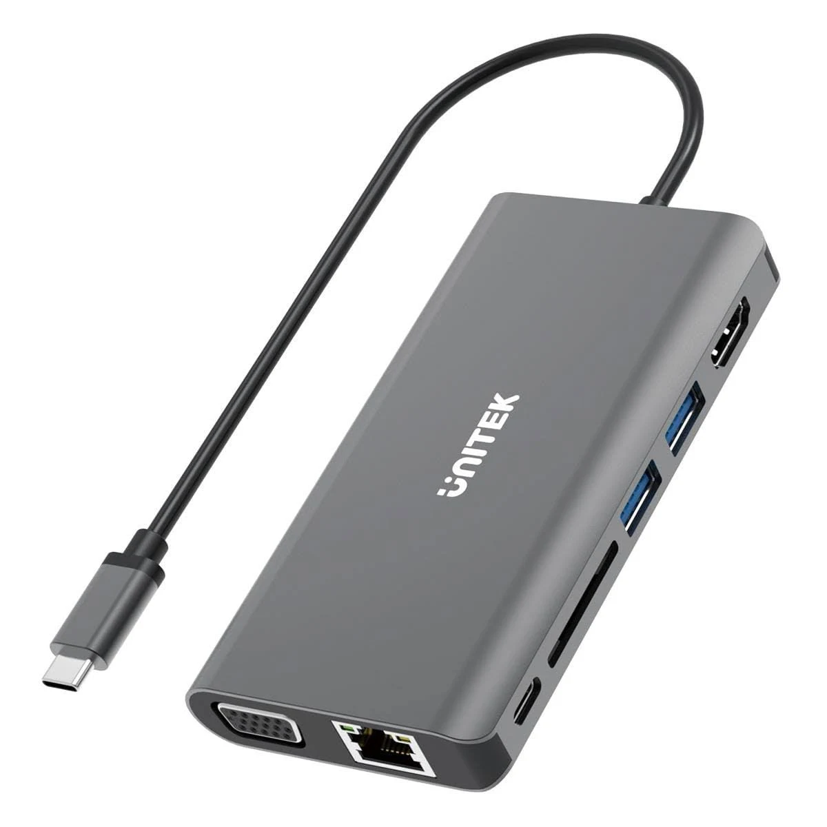 Un hub USB-C grigio con più porte: HDMI, USB, Ethernet e altri. Un cavo nero è collegato.