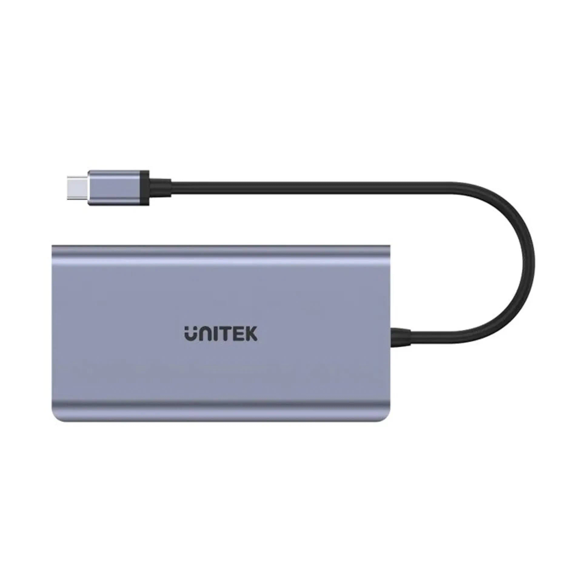 Un hub UNITEK blu-grigio con un cavo USB-C collegato.