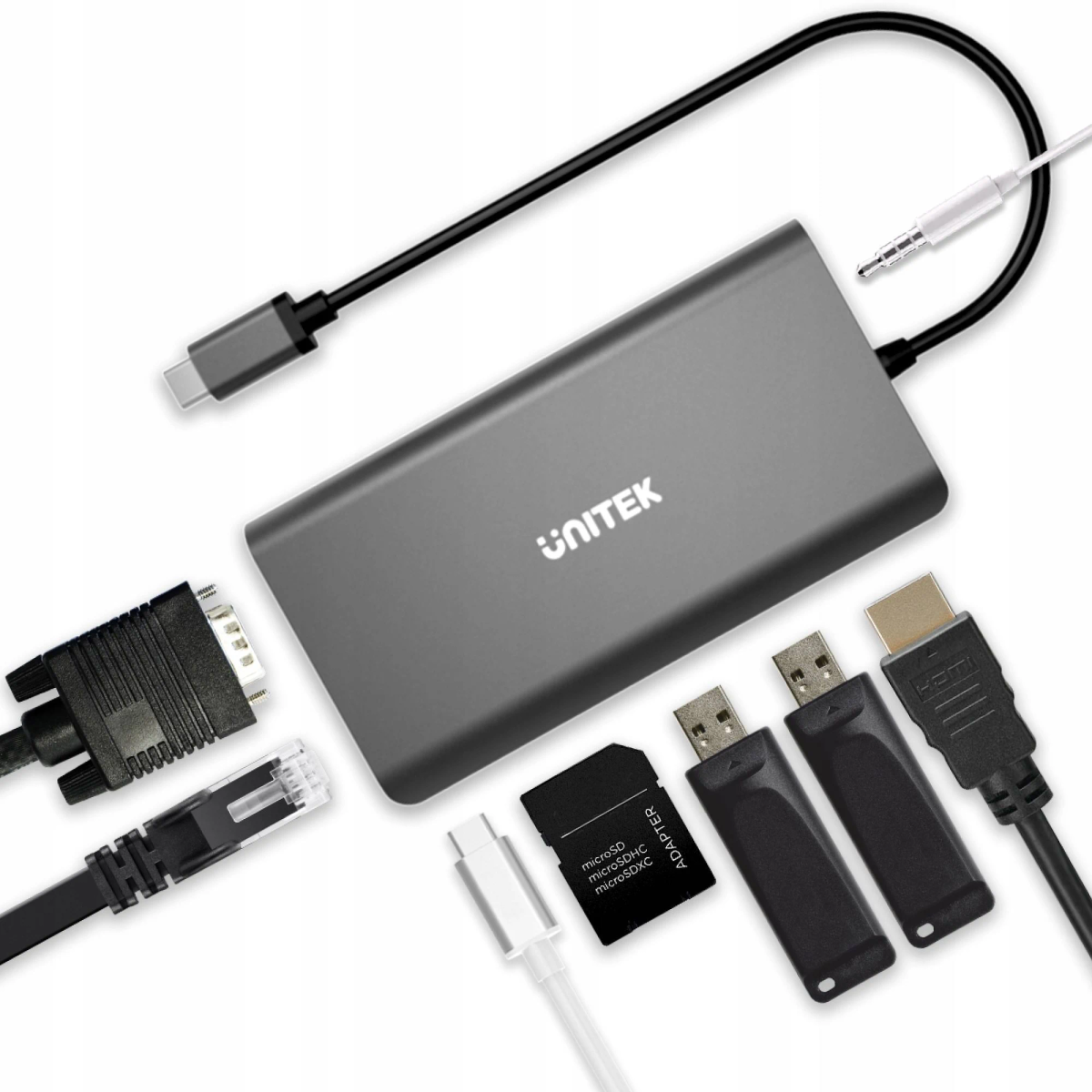 Un hub grigio Unitek con più porte, tra cui HDMI, USB ed Ethernet.