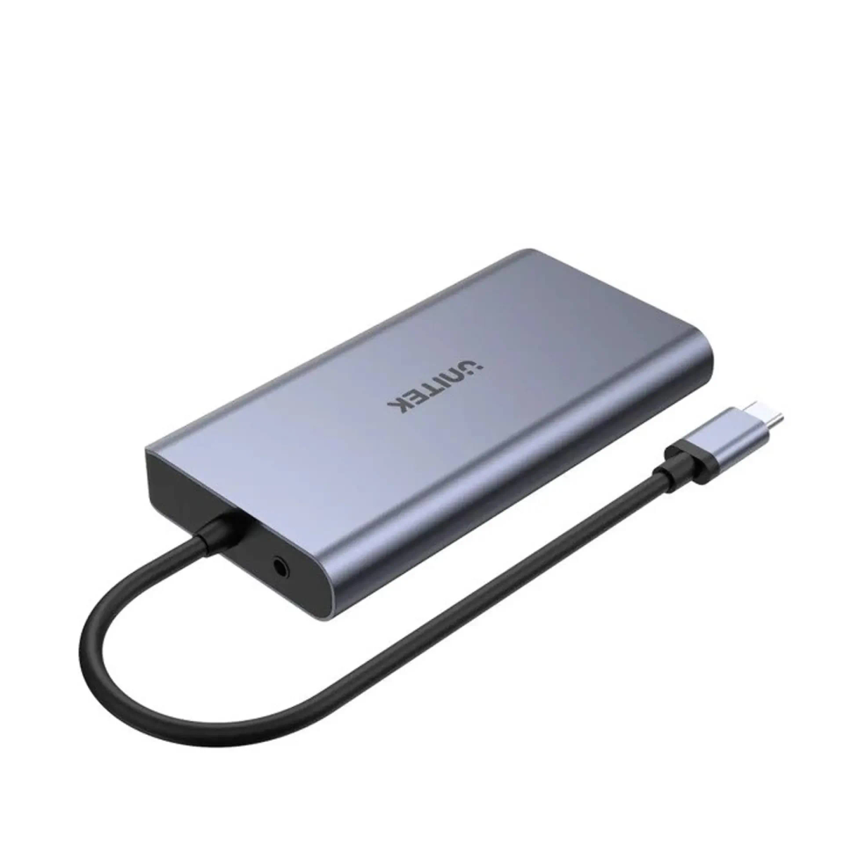 Dispositivo Unitek grigio con cavo e connettore USB-C. Vista angolata. Sfondo bianco.