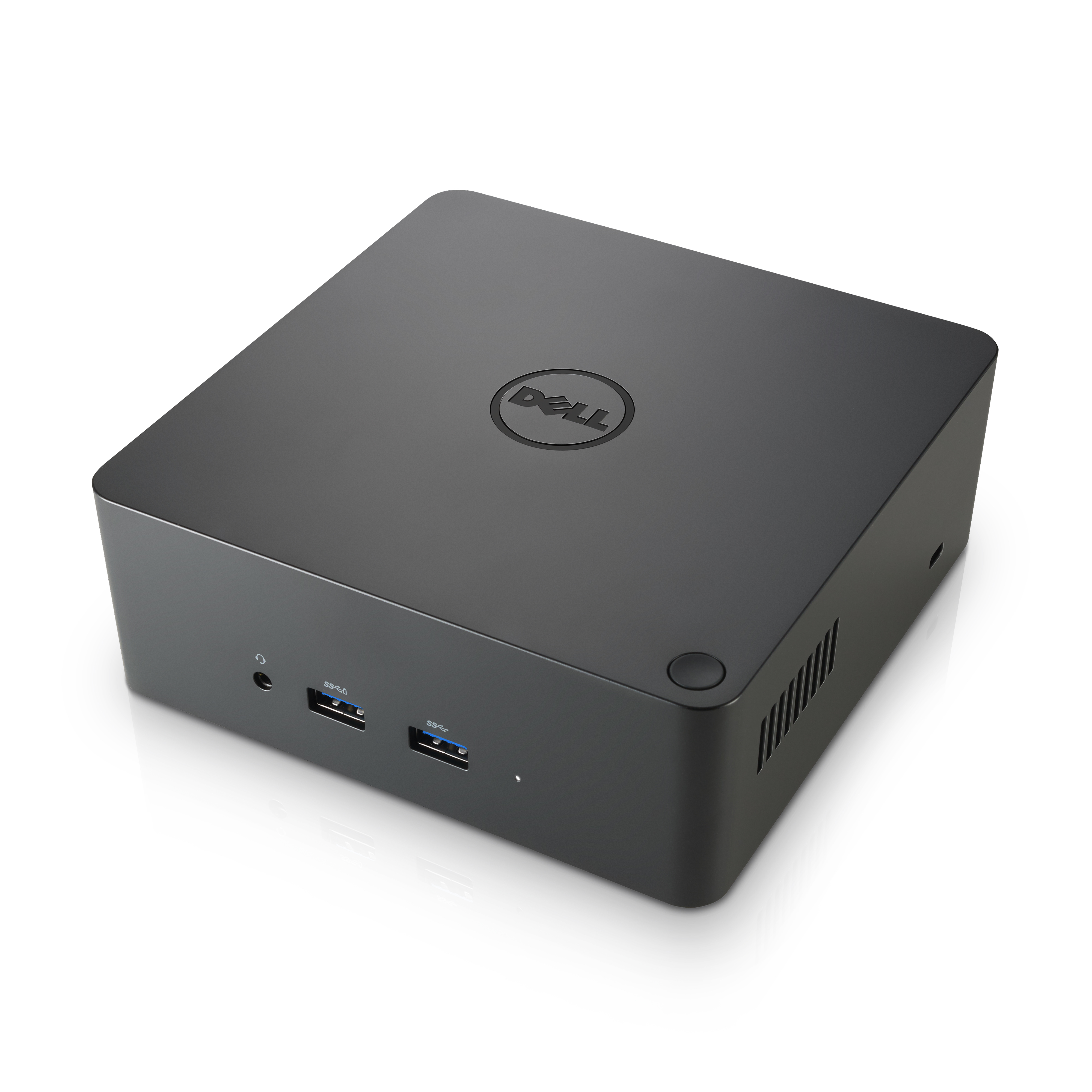 Computer Dell nero. Ha un pulsante di accensione e porte USB sulla parte anteriore.