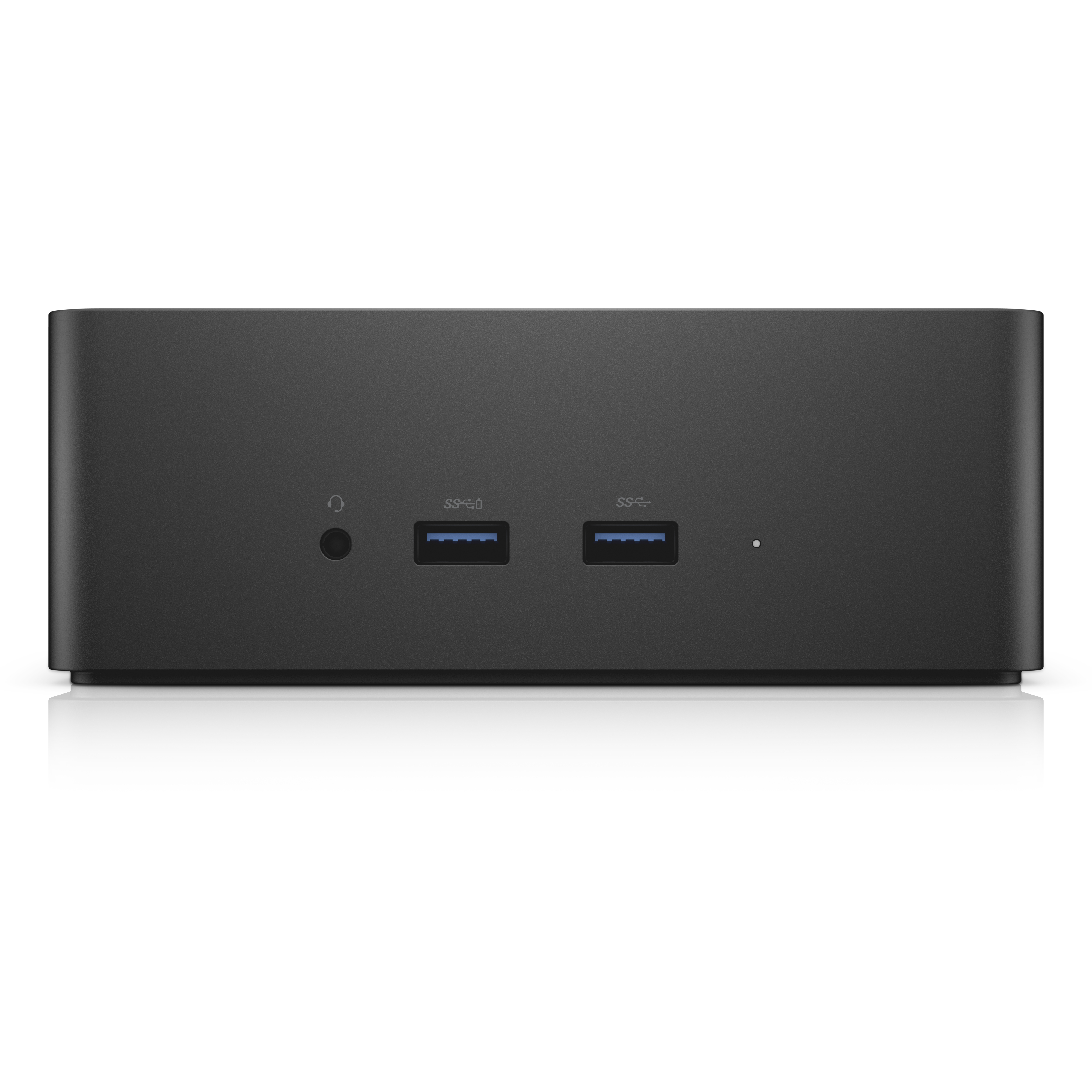 Docking station nera con porte USB e jack per cuffie. Sfondo bianco.