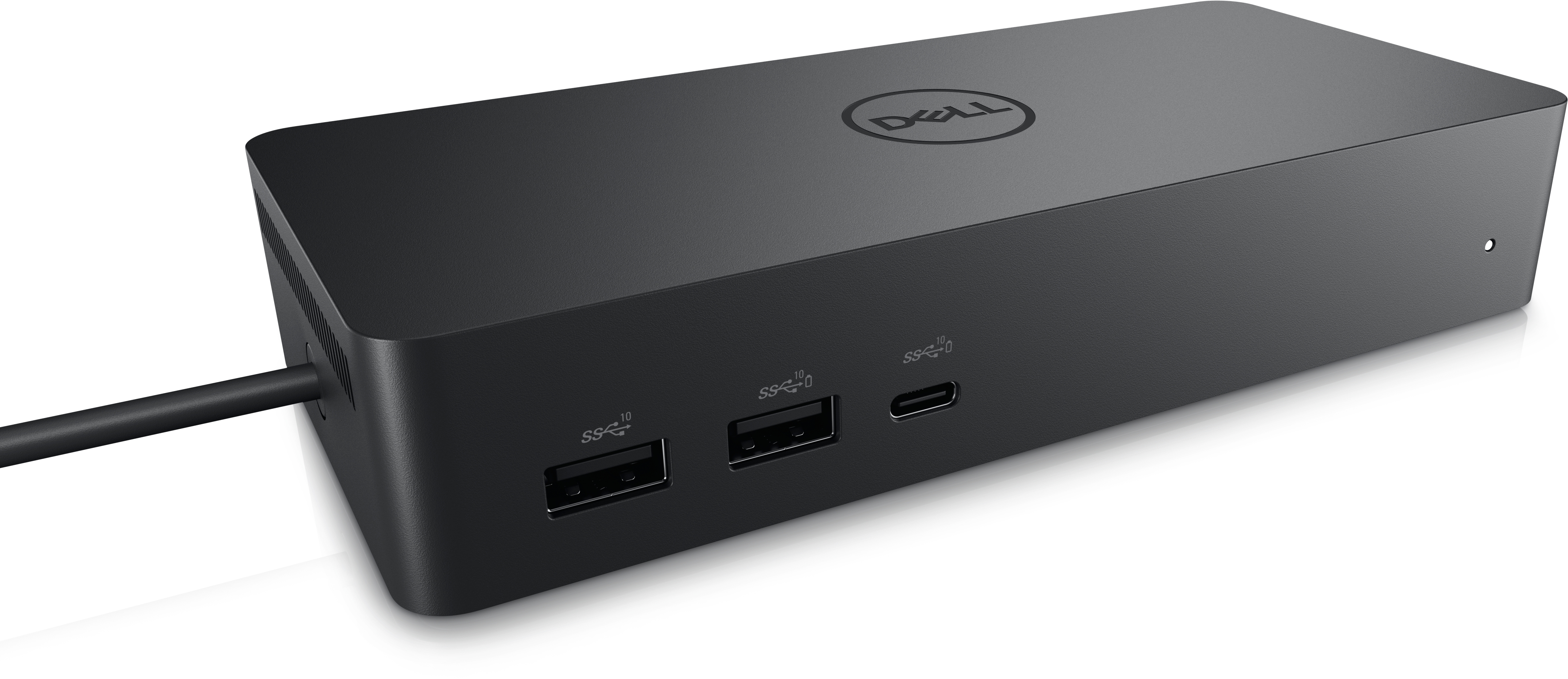 Docking station Dell nera con porte. Logo Dell in alto. Cavo a sinistra.