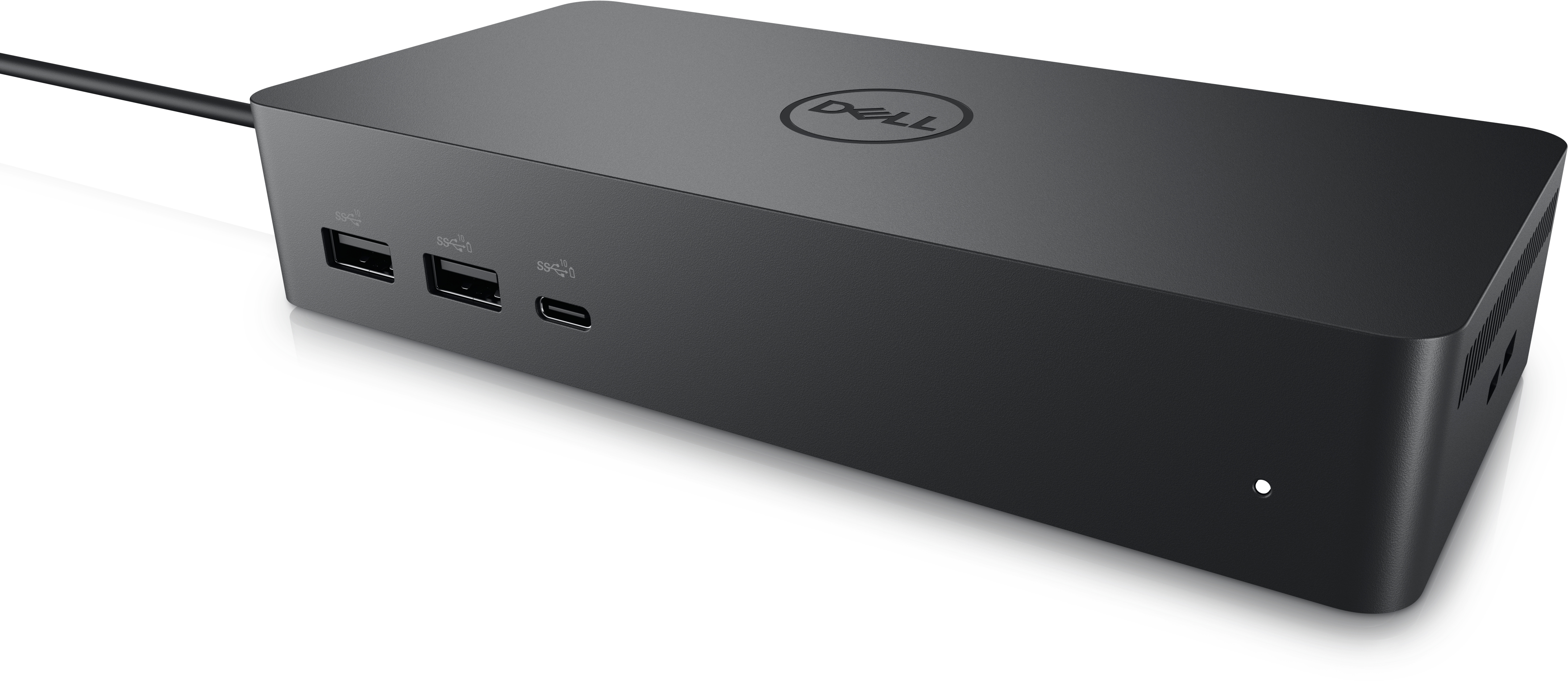 Docking station Dell nera. La parte anteriore ha porte USB e una luce.