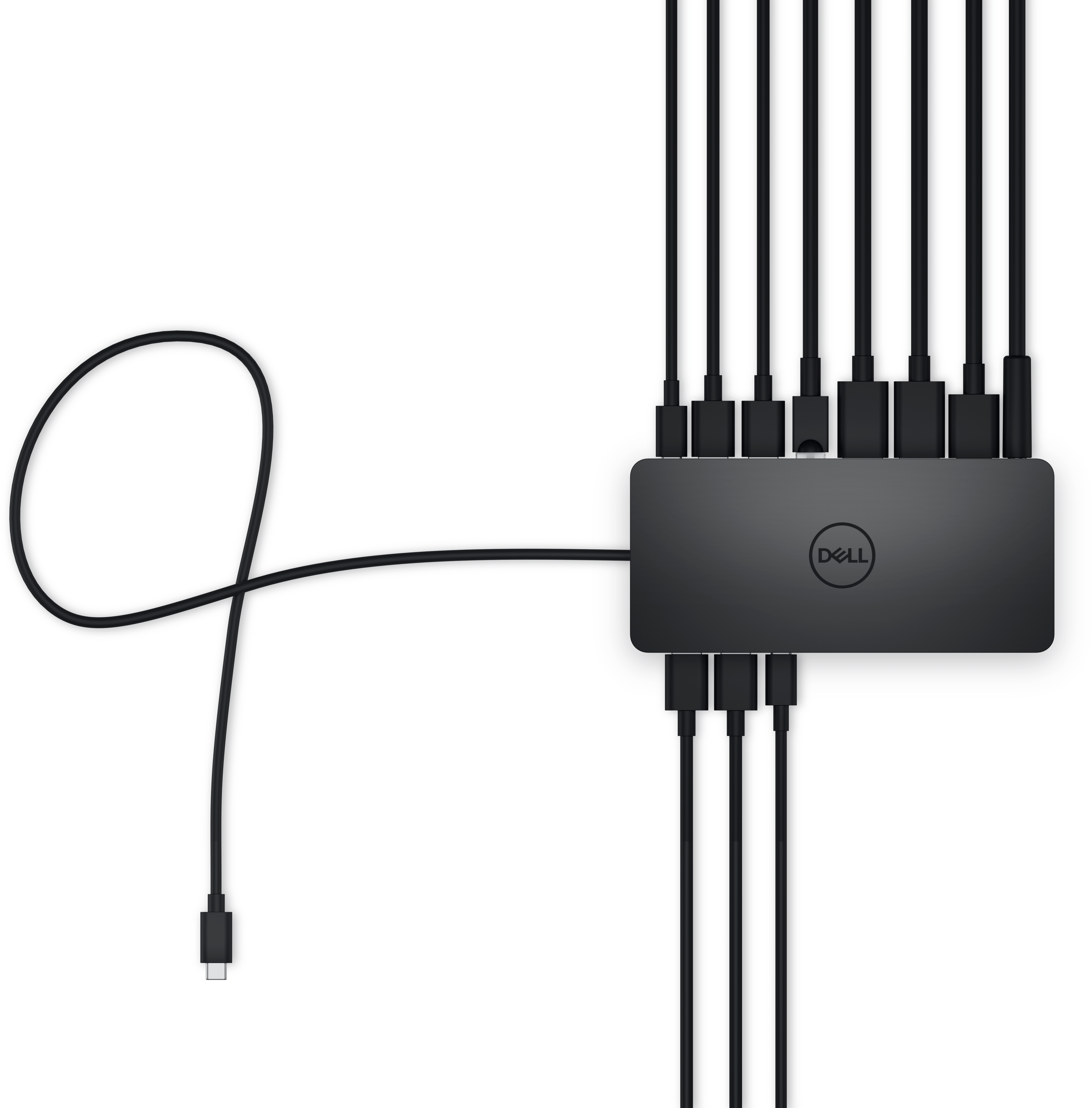 Hub Dell nero con più cavi collegati. Sfondo bianco.