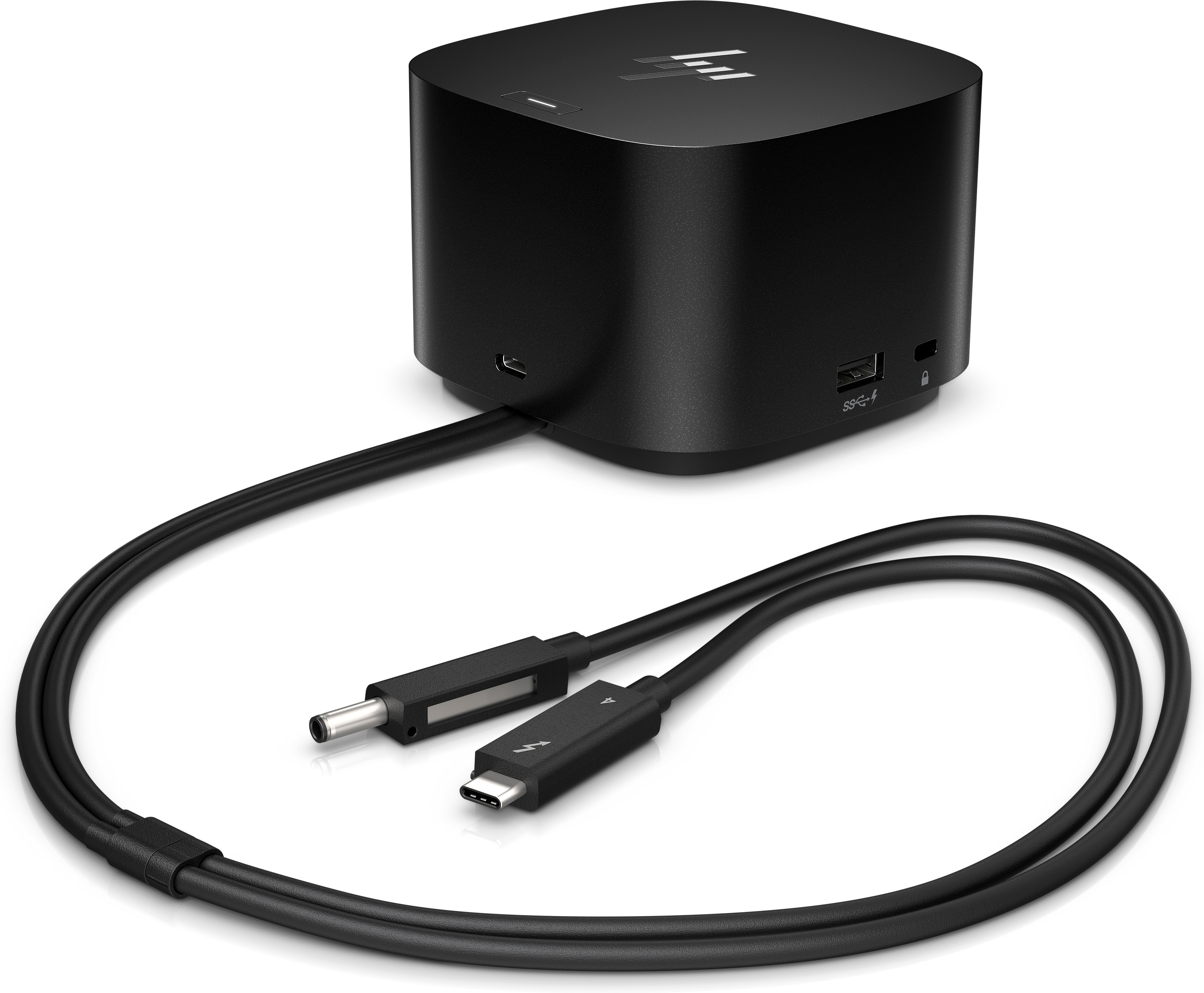 Hub HP nero con cavo nero. Presenta varie porte.