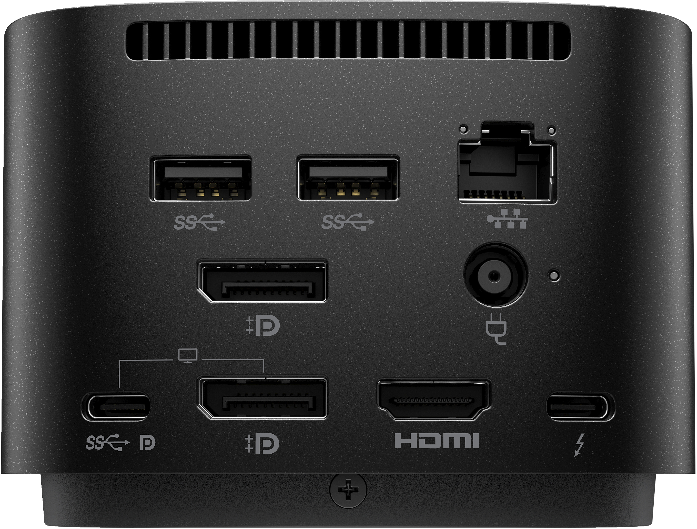 Docking station nera con varie porte: USB, HDMI e alimentazione.