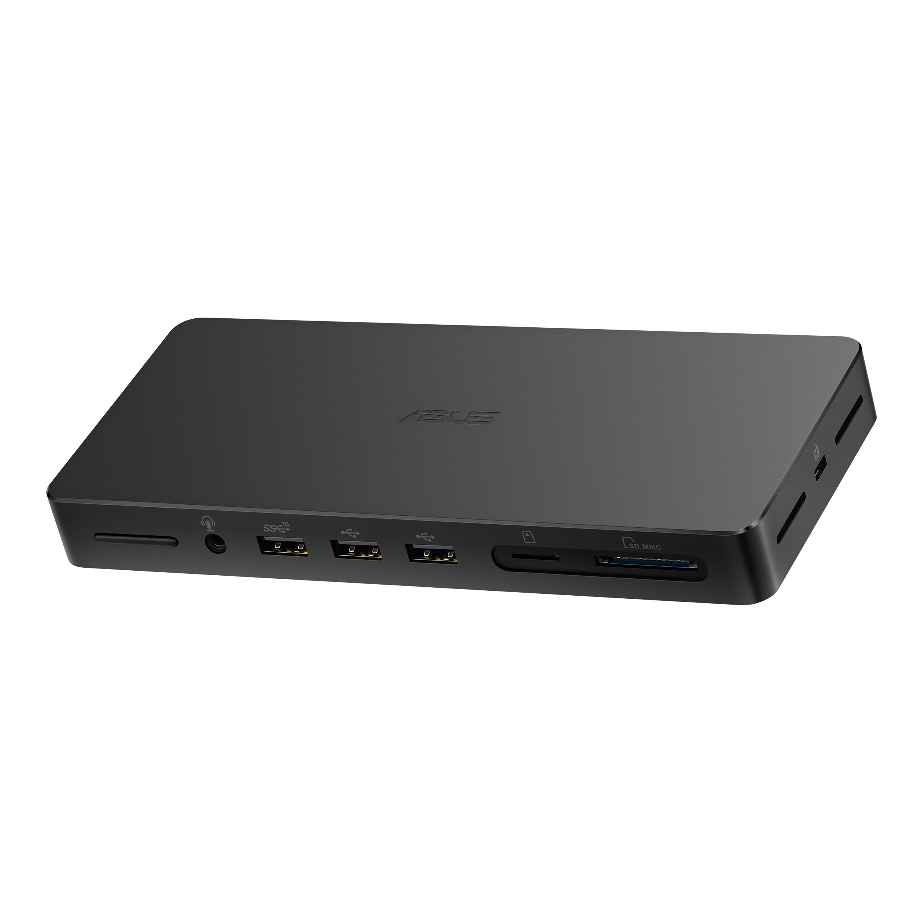 Schwarzer Hub mit mehreren Anschlüssen: SD, USB, USB-C und Audio.
