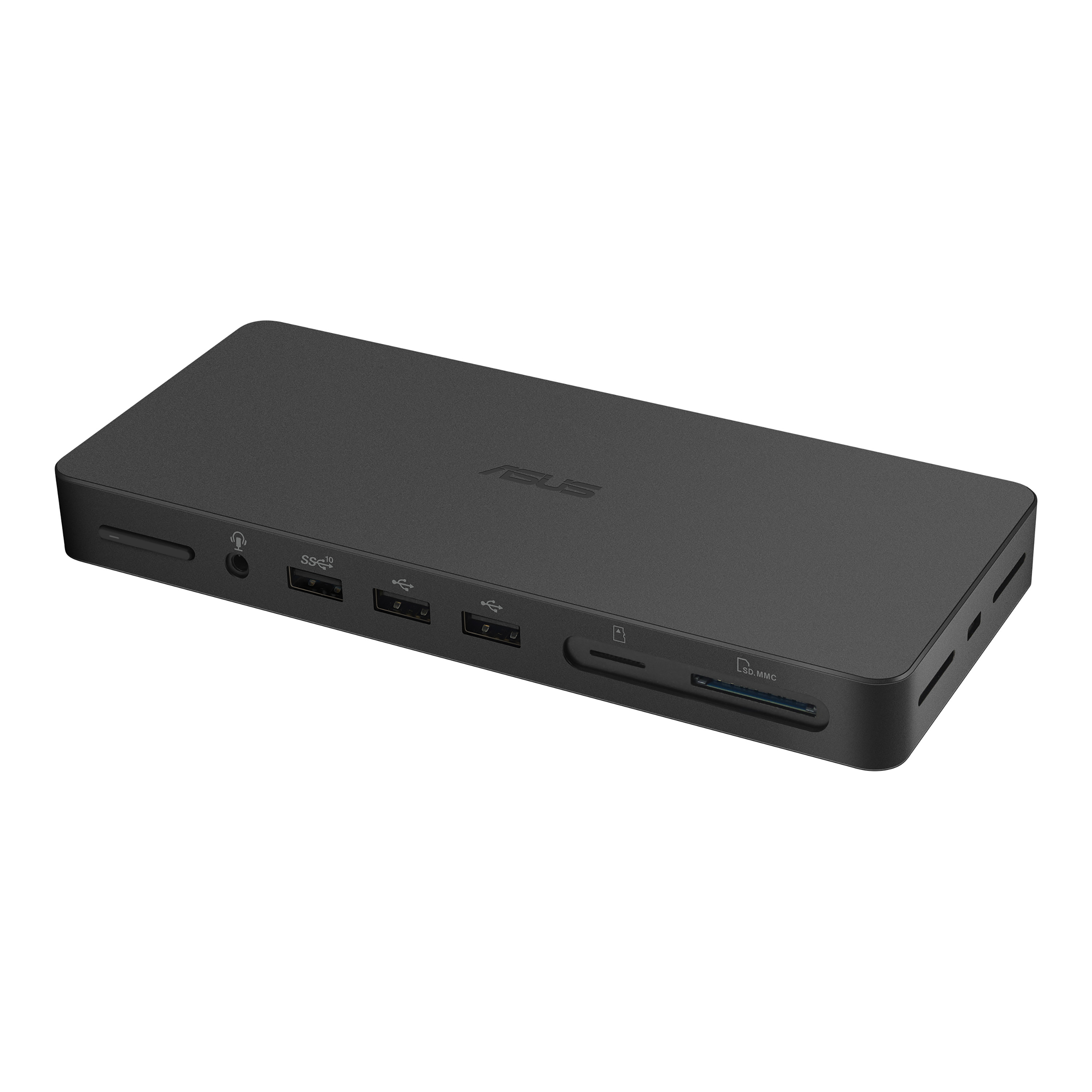 Schwarze Dockingstation mit mehreren Anschlüssen, darunter USB, SD-Karte und Kopfhöreranschluss.