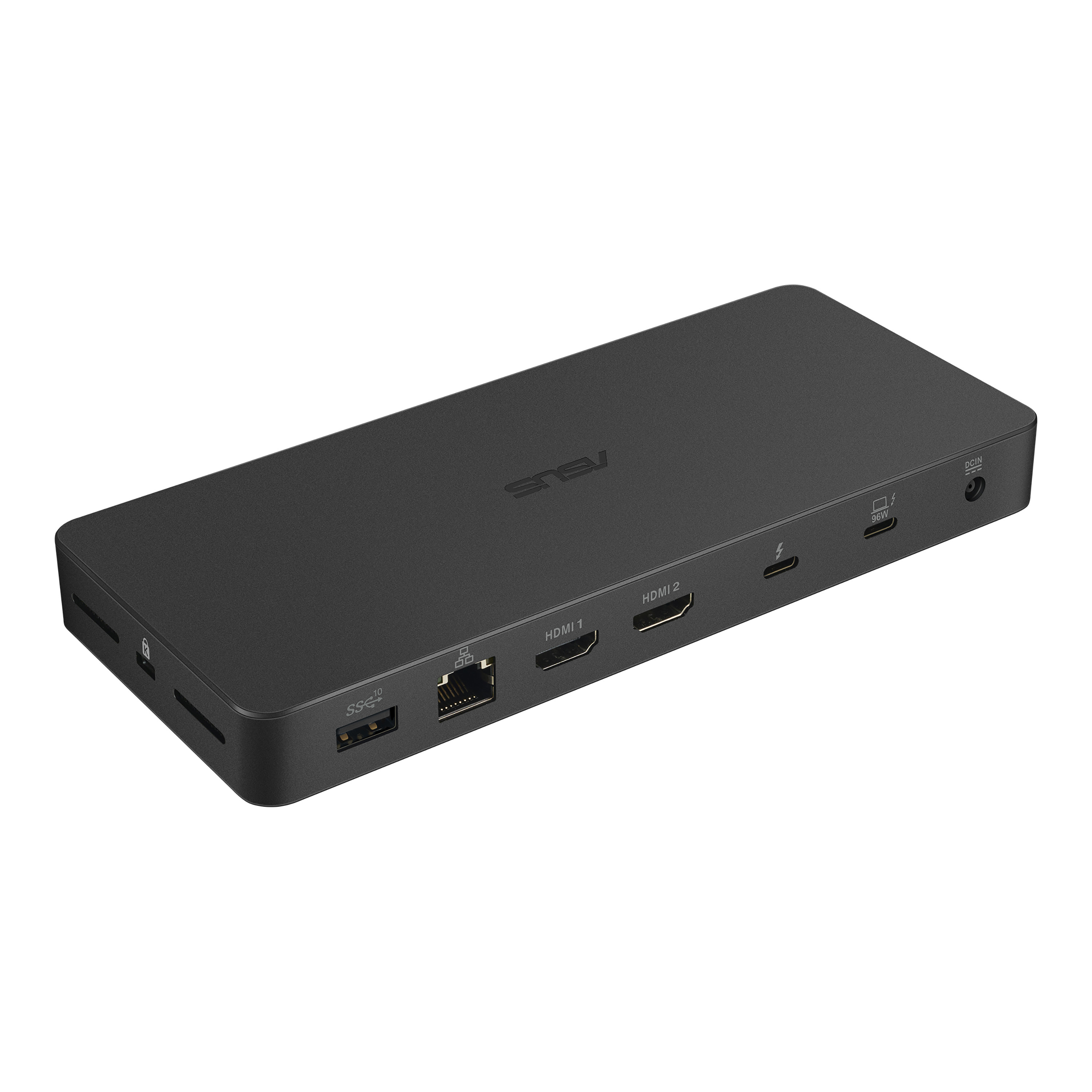 Ein schwarzer ASUS USB-Hub mit mehreren Anschlüssen auf weißem Hintergrund, mit dem ASUS-Logo.