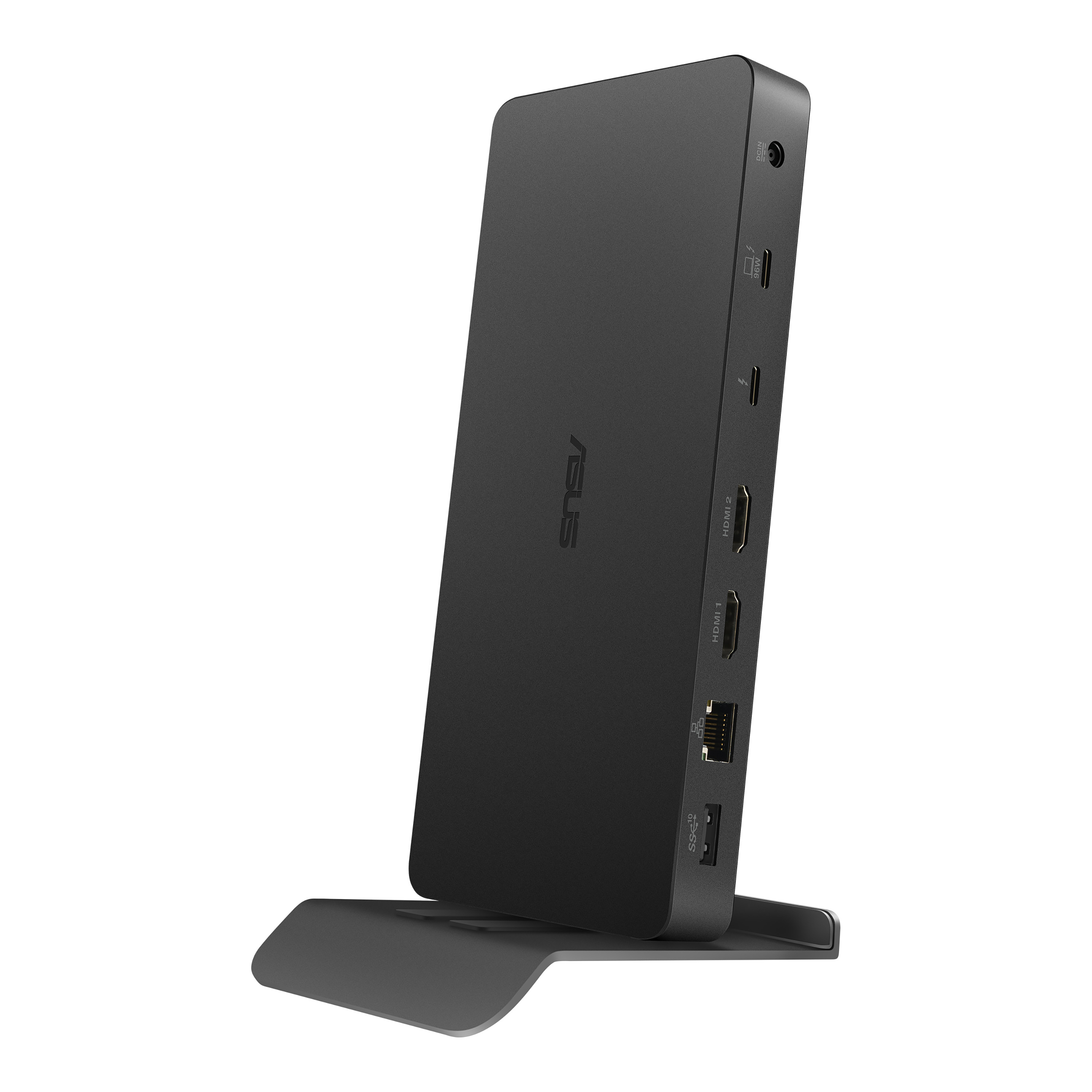 Schwarze ASUS-Dockingstation. Sie hat mehrere Anschlüsse und steht aufrecht in einer Halterung.