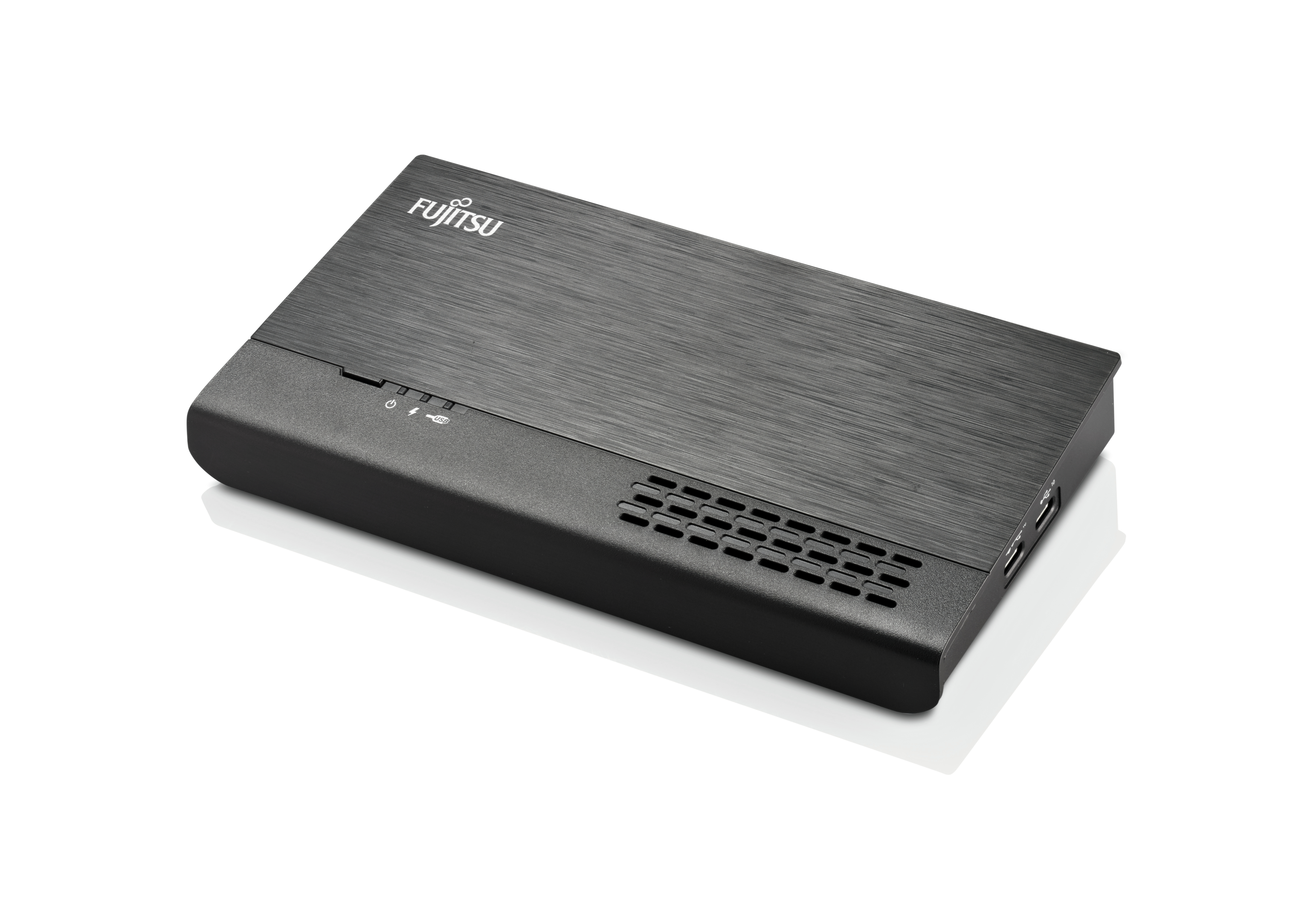Una docking station Fujitsu nera con porte e marchio.