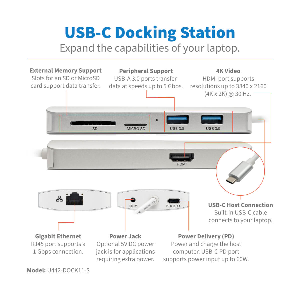 Diagramma di una docking station USB-C argentata. Sfondo bianco.
