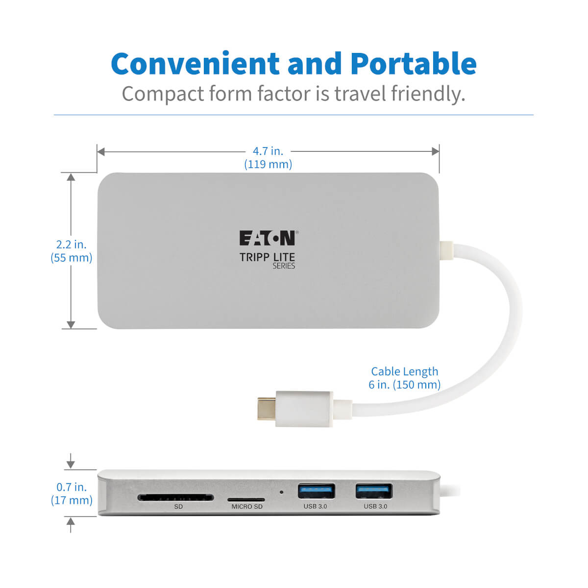 Hub argento con dimensioni, porte per SD, Micro SD e USB 3.0. Sfondo bianco.