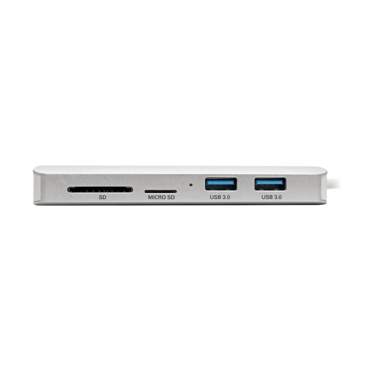 Hub USB argentato con porte SD, Micro SD e USB 3.0. Isolato su sfondo bianco.