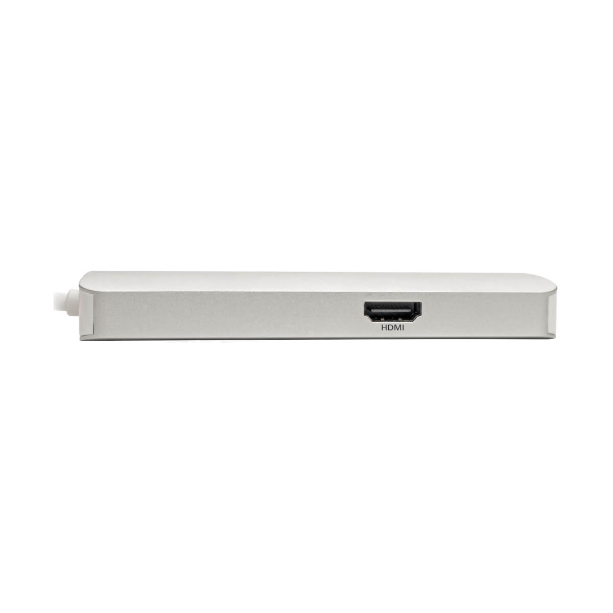 Hub USB argentato con porta HDMI, su una superficie bianca.