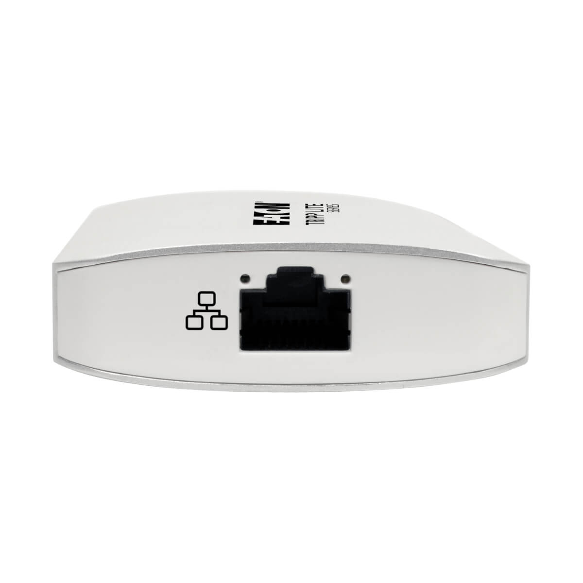 Un hub USB bianco con una porta Ethernet e altre porte, con il logo Eaton, su sfondo bianco.
