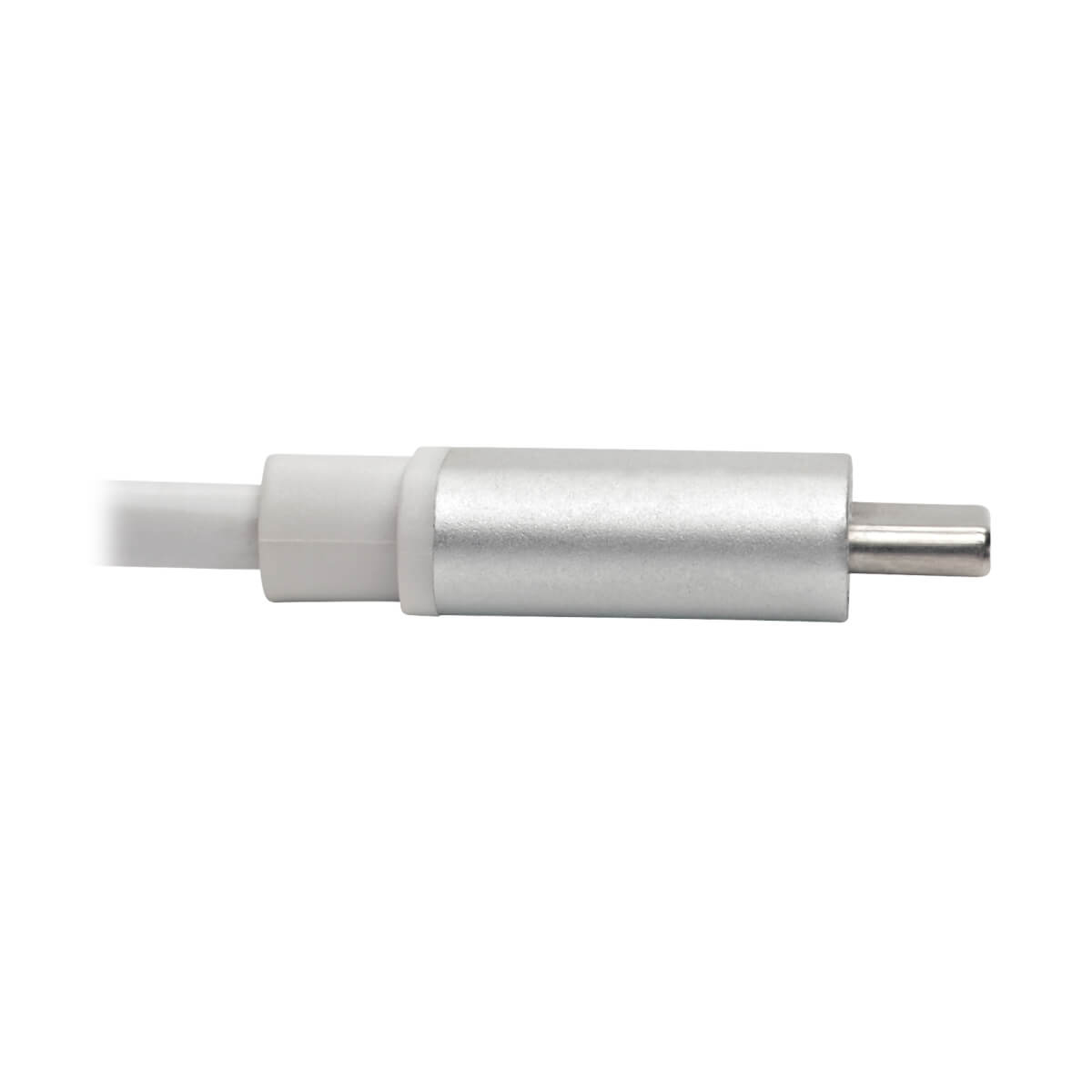 Un connettore USB-C argento su un cavo bianco.