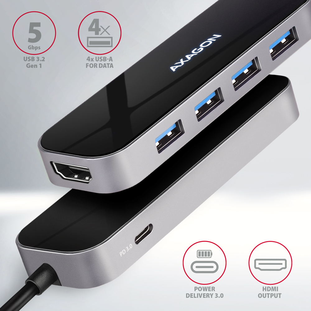 Hub Axagon nero e argento, con porte USB e simboli. Sfondo bianco.