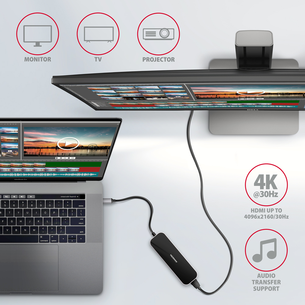 Laptop collegato a un hub. Mostra un monitor, una TV e un proiettore. HDMI per l'audio.