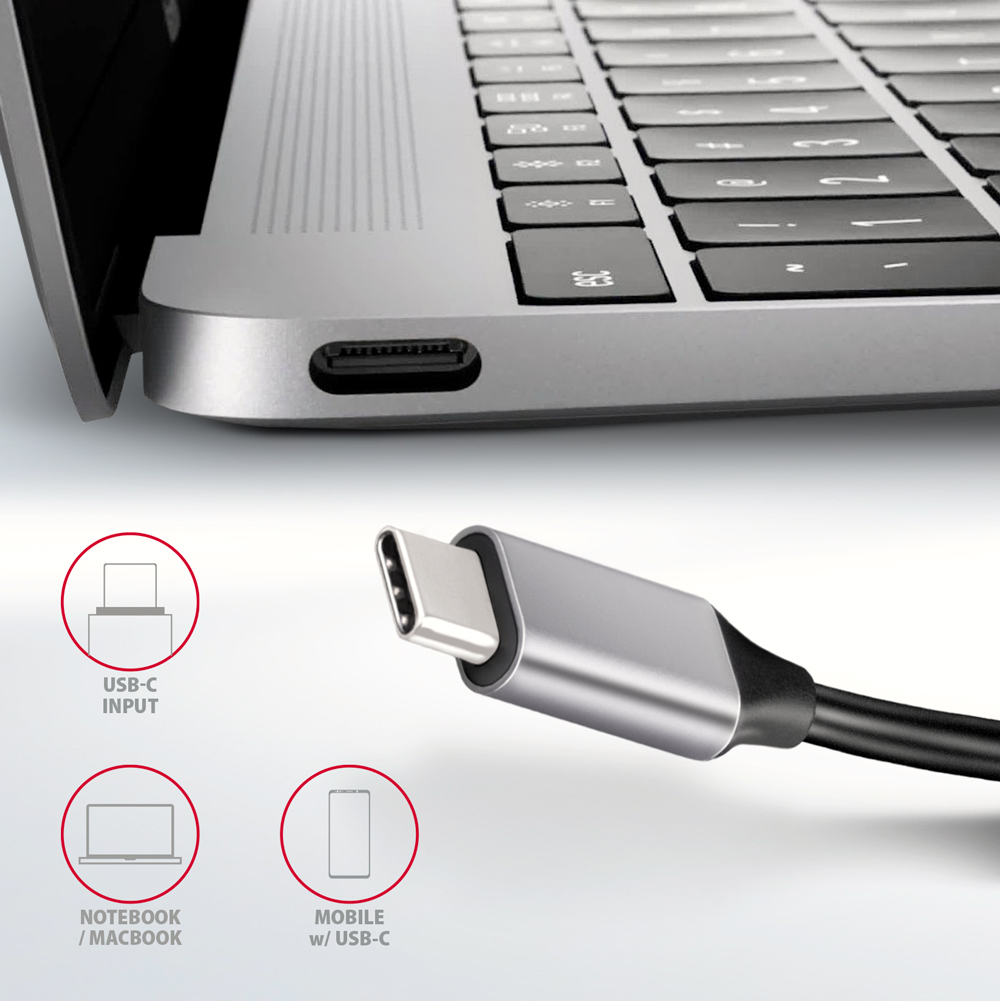 Laptop e cavo USB-C con diagramma. Mostra l'ingresso USB-C e l'uso del cellulare.
