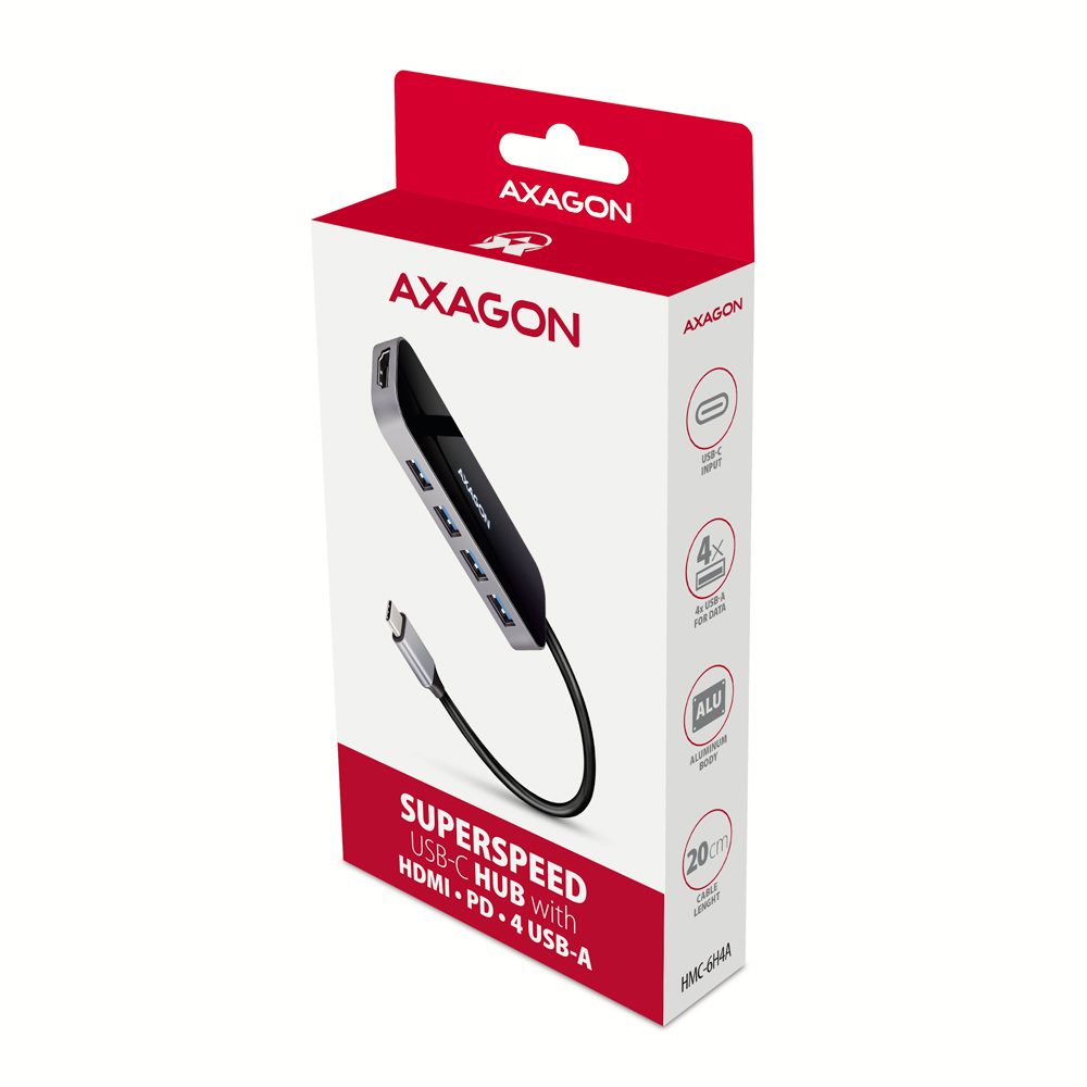 Una scatola del prodotto per un hub Axagon USB-C, con i dettagli del prodotto sopra.