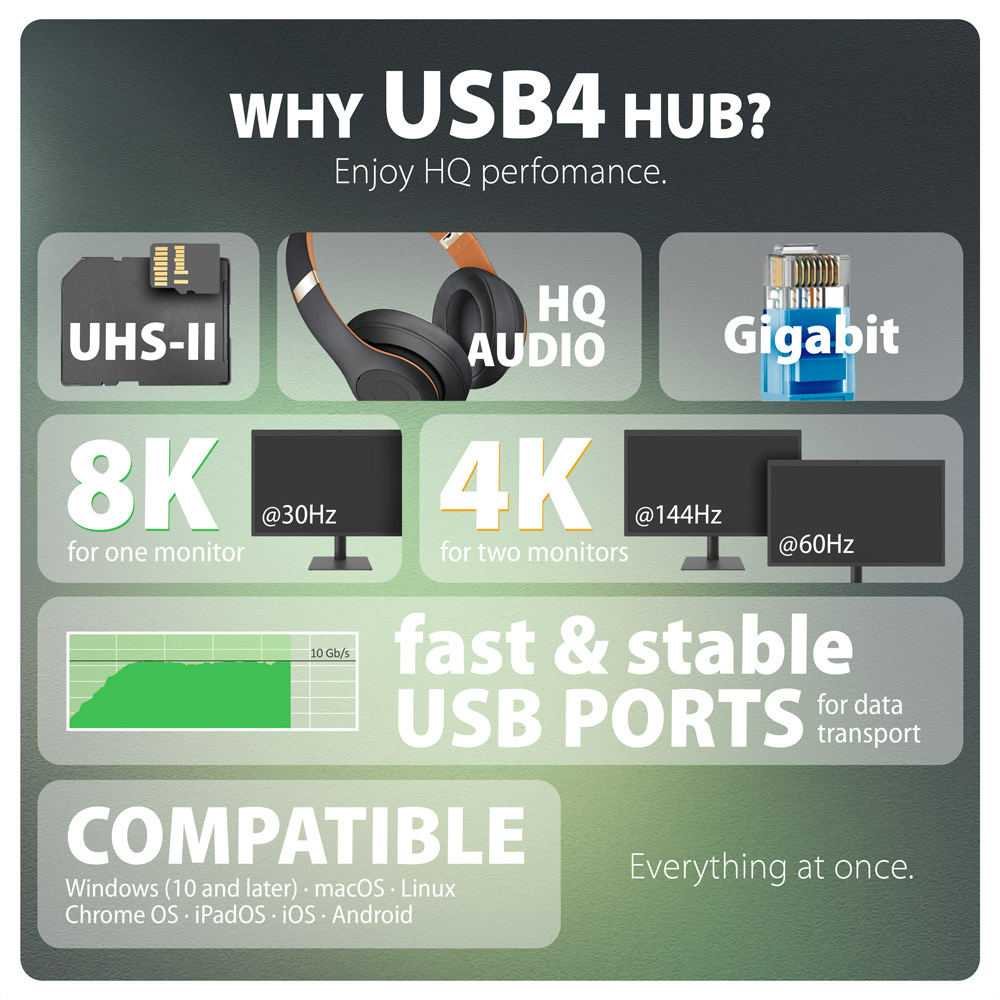Infografica che dettaglia le funzionalità dell'hub USB4. Include porte e cosa supportano.