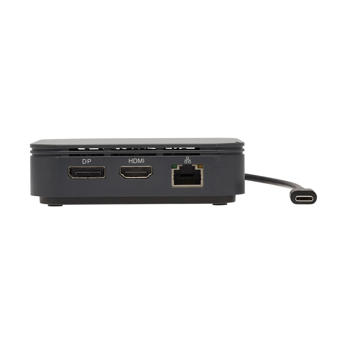Un hub nero con DP, HDMI, Ethernet e una porta USB-C.