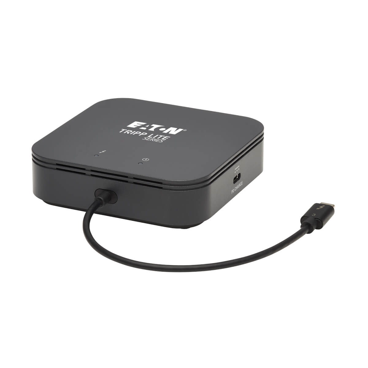 Hub di alimentazione Tripp Lite nero con un cavo collegato. Sfondo bianco.