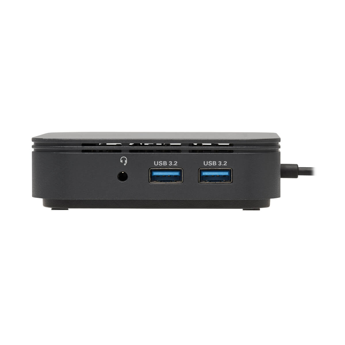 Hub USB nero con audio, due porte USB 3.2. Ha un cavo nero, isolato su bianco.