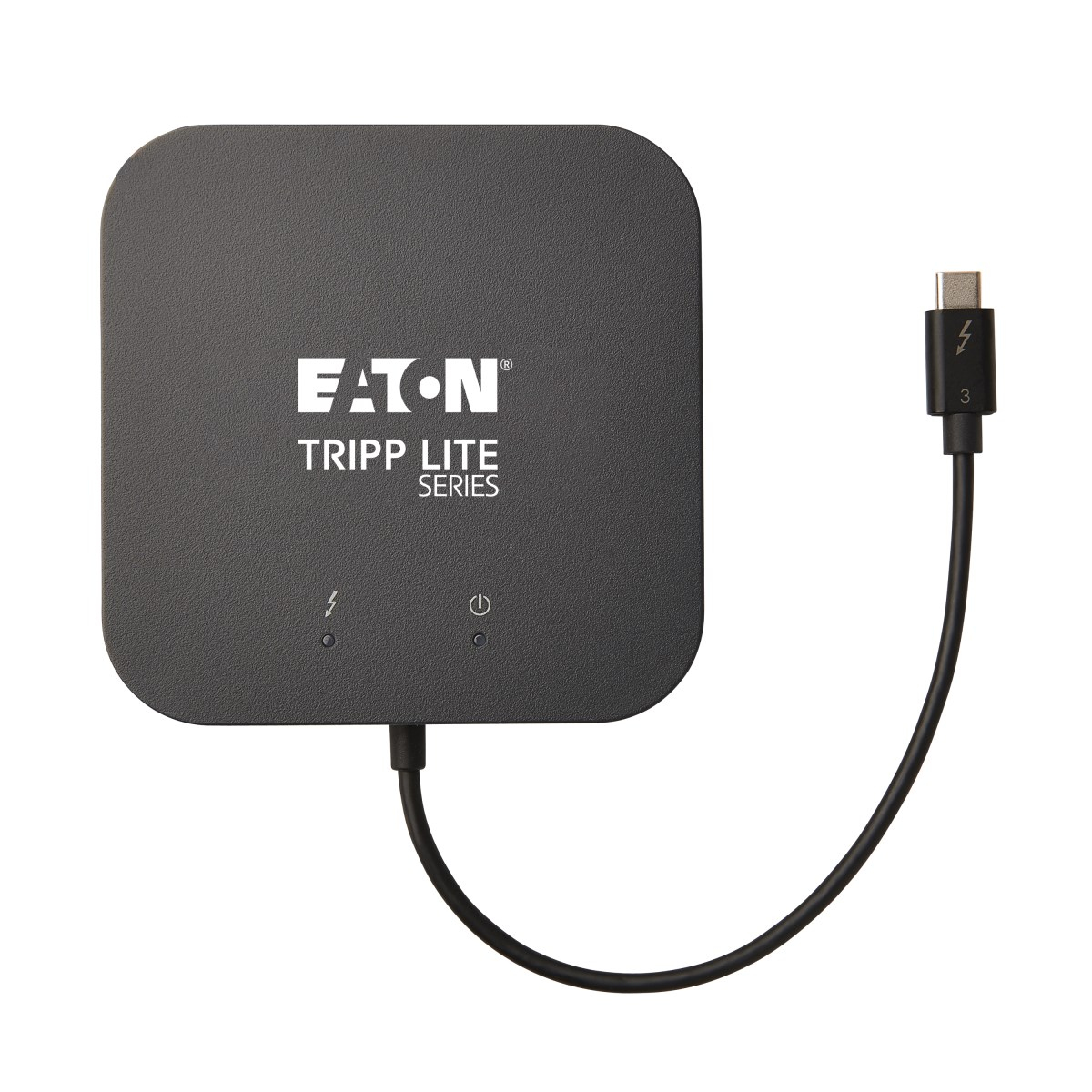 Hub nero Eaton Tripp Lite. Ha un ingresso e un'uscita di alimentazione, più una porta USB-C per la connessione.