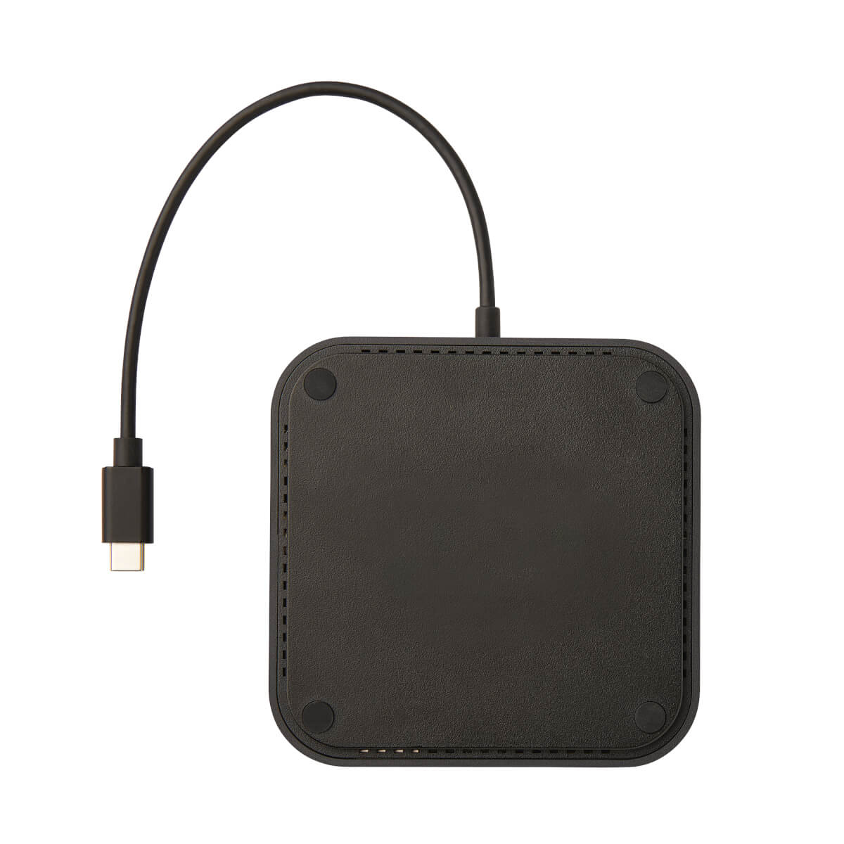 Hub USB nero con cavo USB-C, con design curvo, vista isolata.