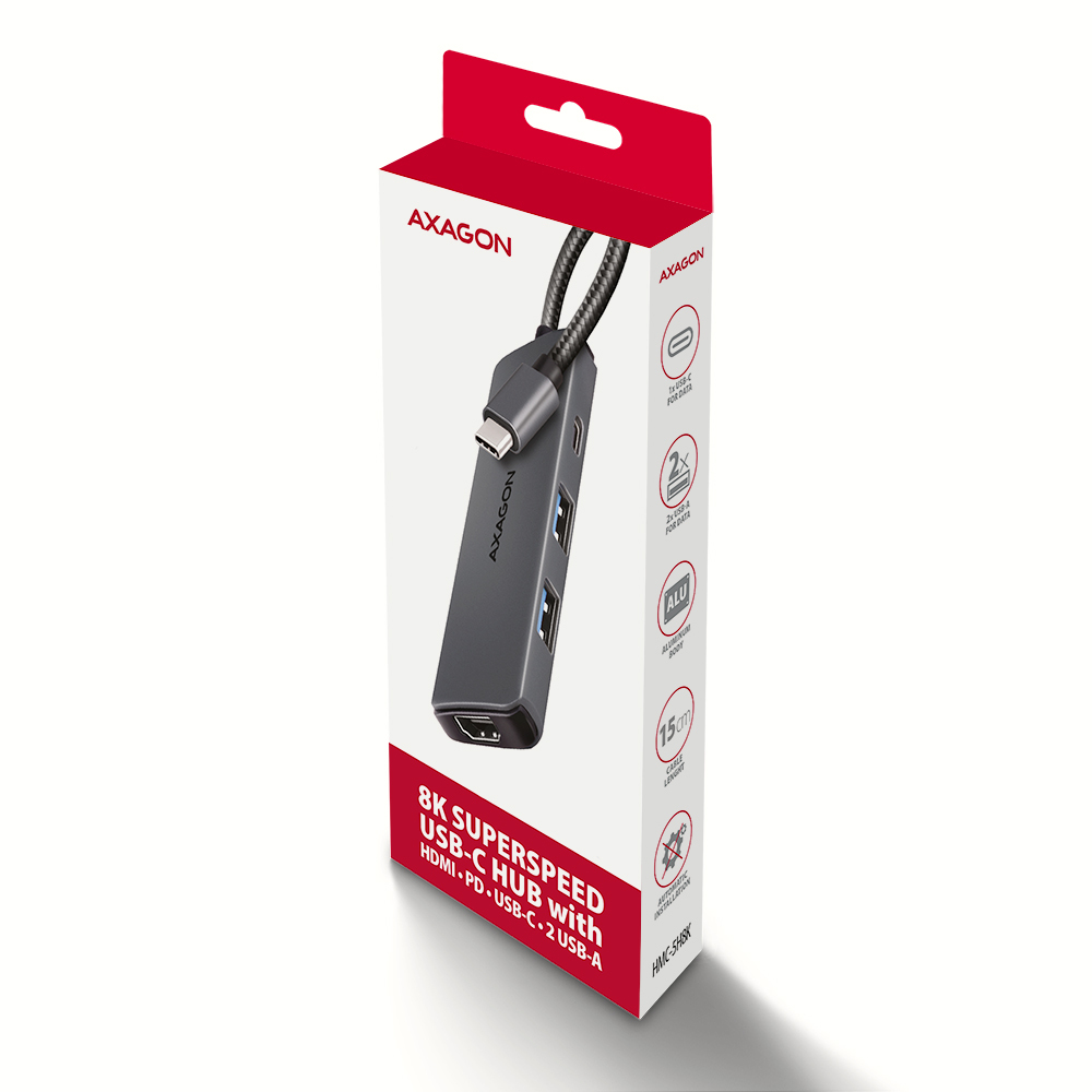 Scatola del prodotto per un hub Axagon USB-C con porte HDMI, USB-C e USB-A.