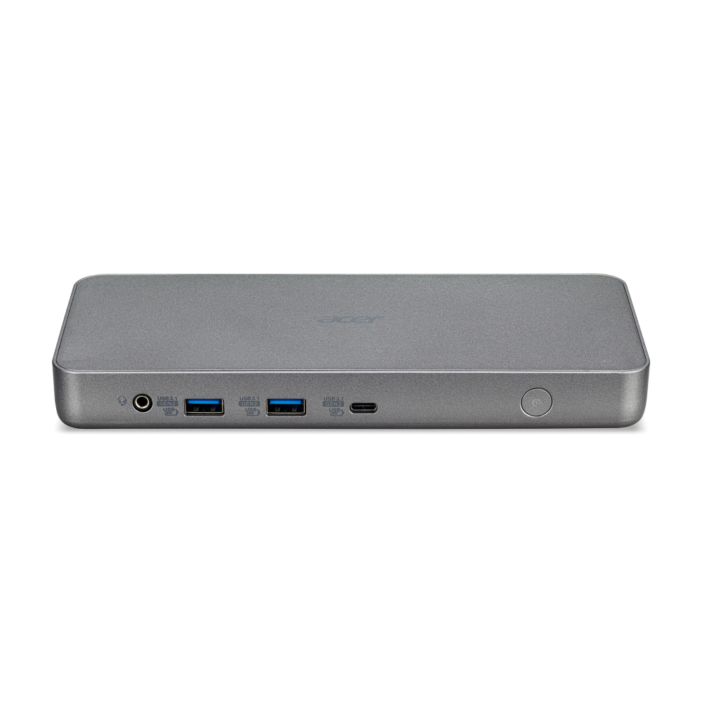 Hub Acer grigio con porte USB e USB-C. Il dispositivo è posizionato su uno sfondo bianco.