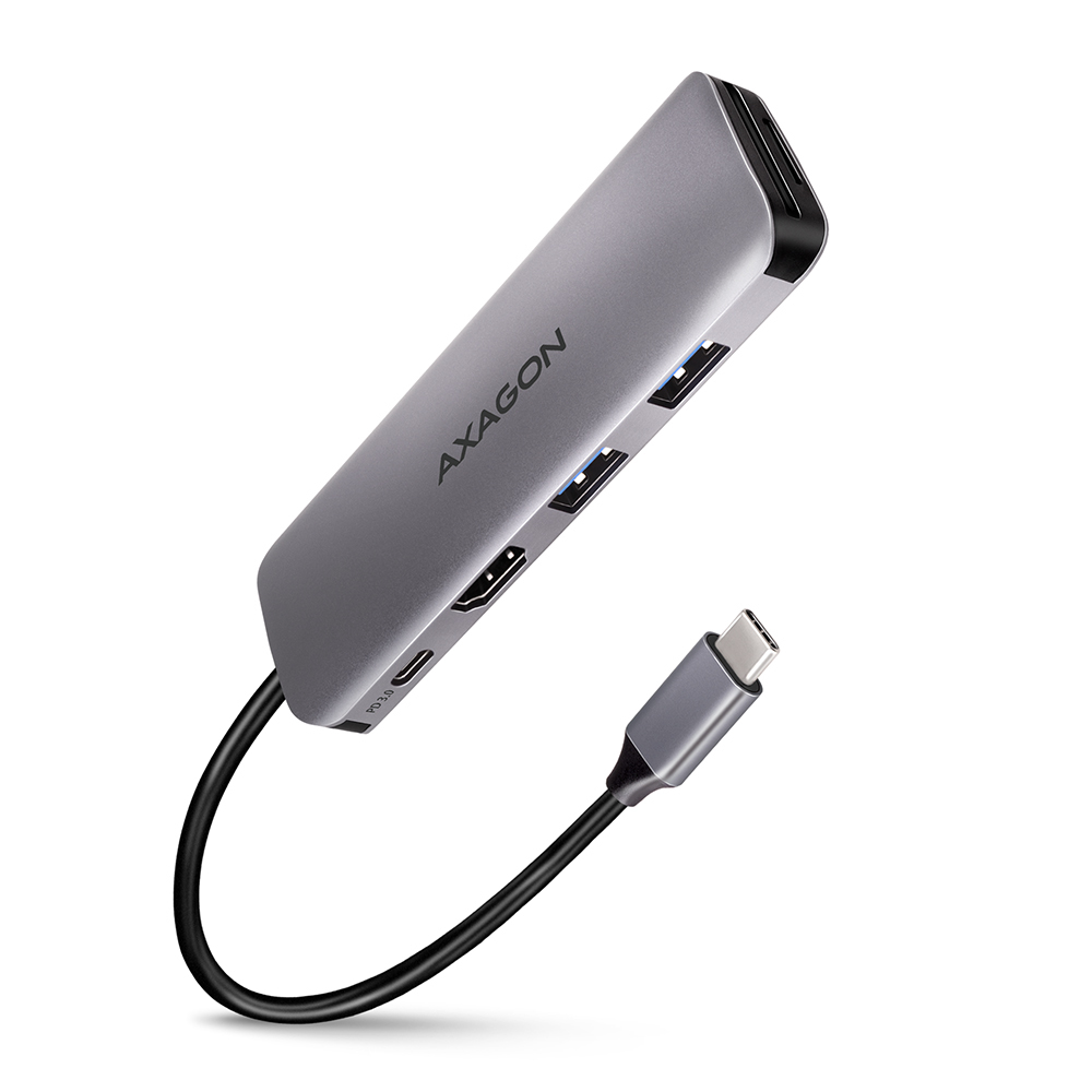 Hub USB grigio con più porte, tra cui HDMI e USB, con cavo nero.
