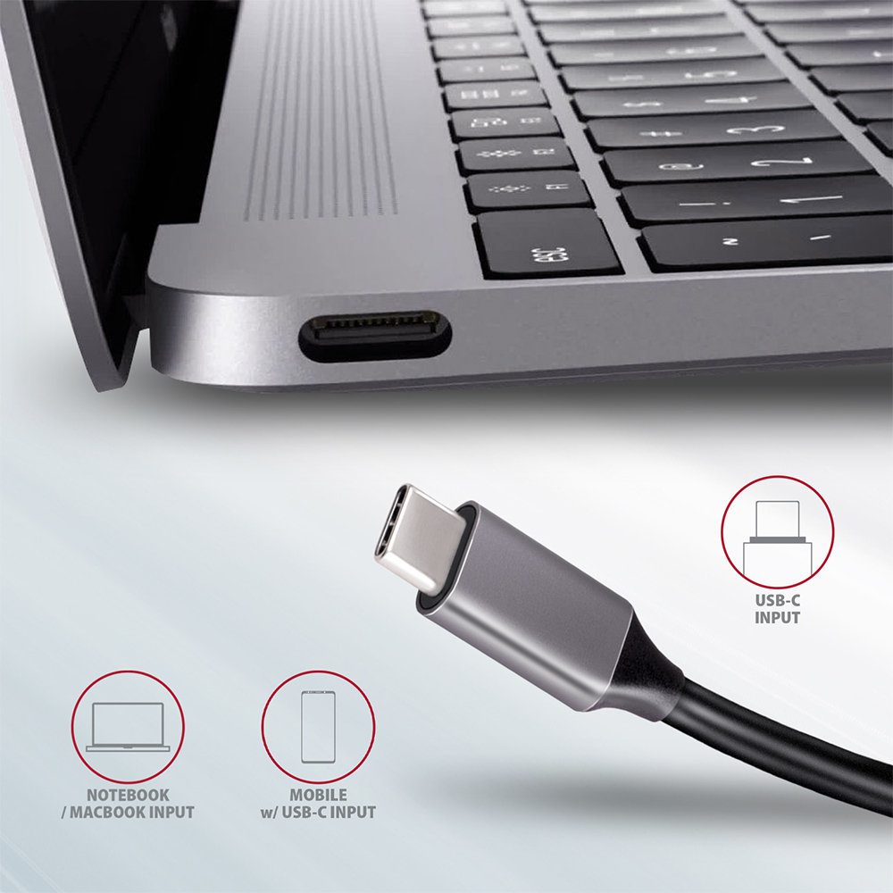Primo piano della porta USB-C di un laptop con un cavo USB-C e un grafico che mostra l'ingresso notebook e mobile.