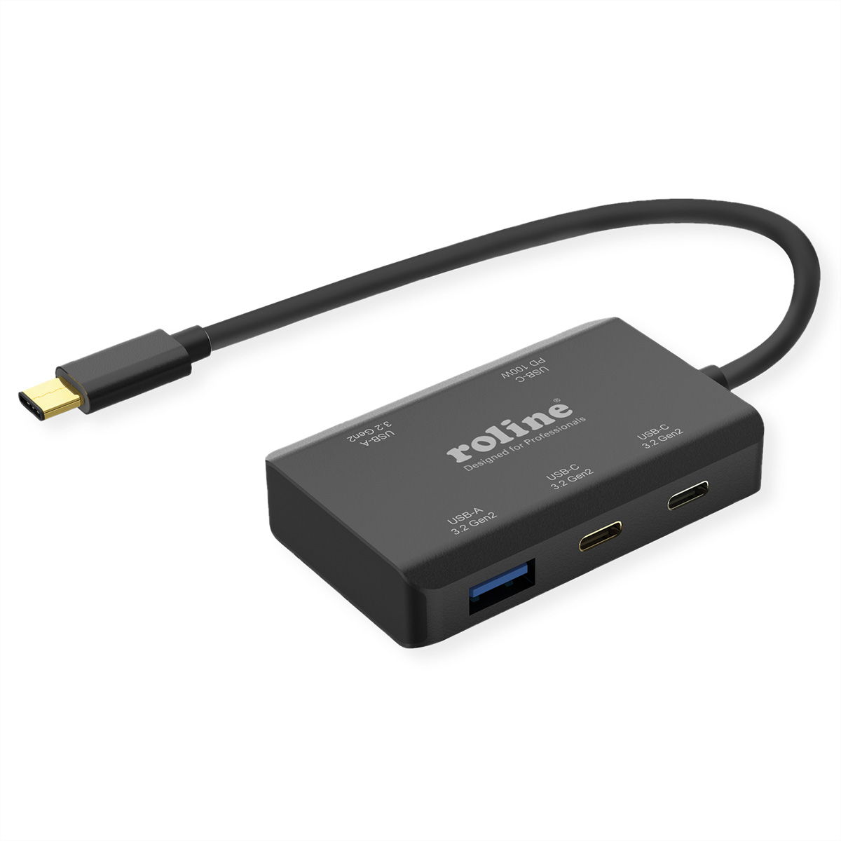 Hub Rolline nero con cavo USB-C. Ha porte USB-A e USB-C.