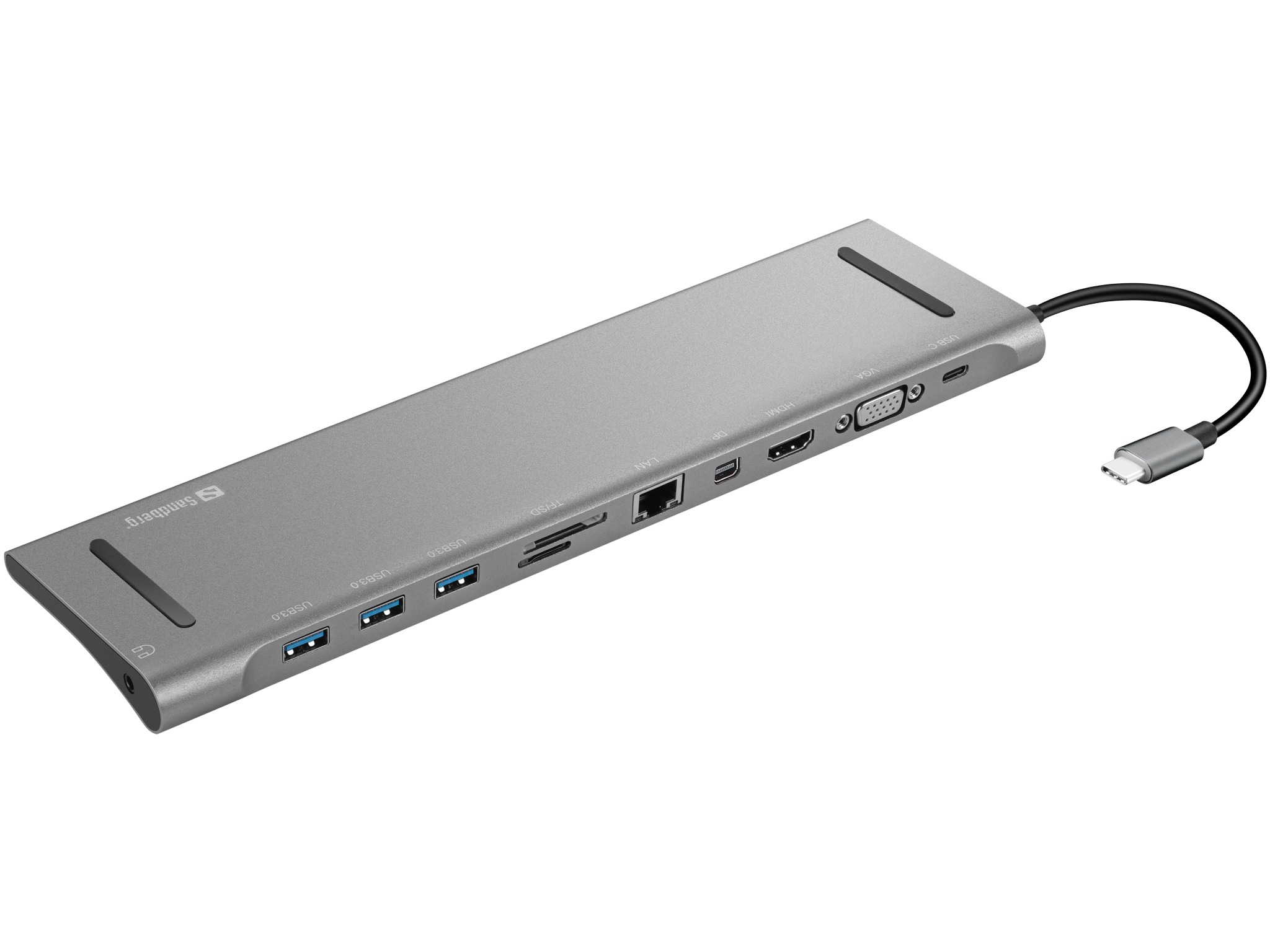 Una docking station argentata con varie porte e un cavo USB-C.
