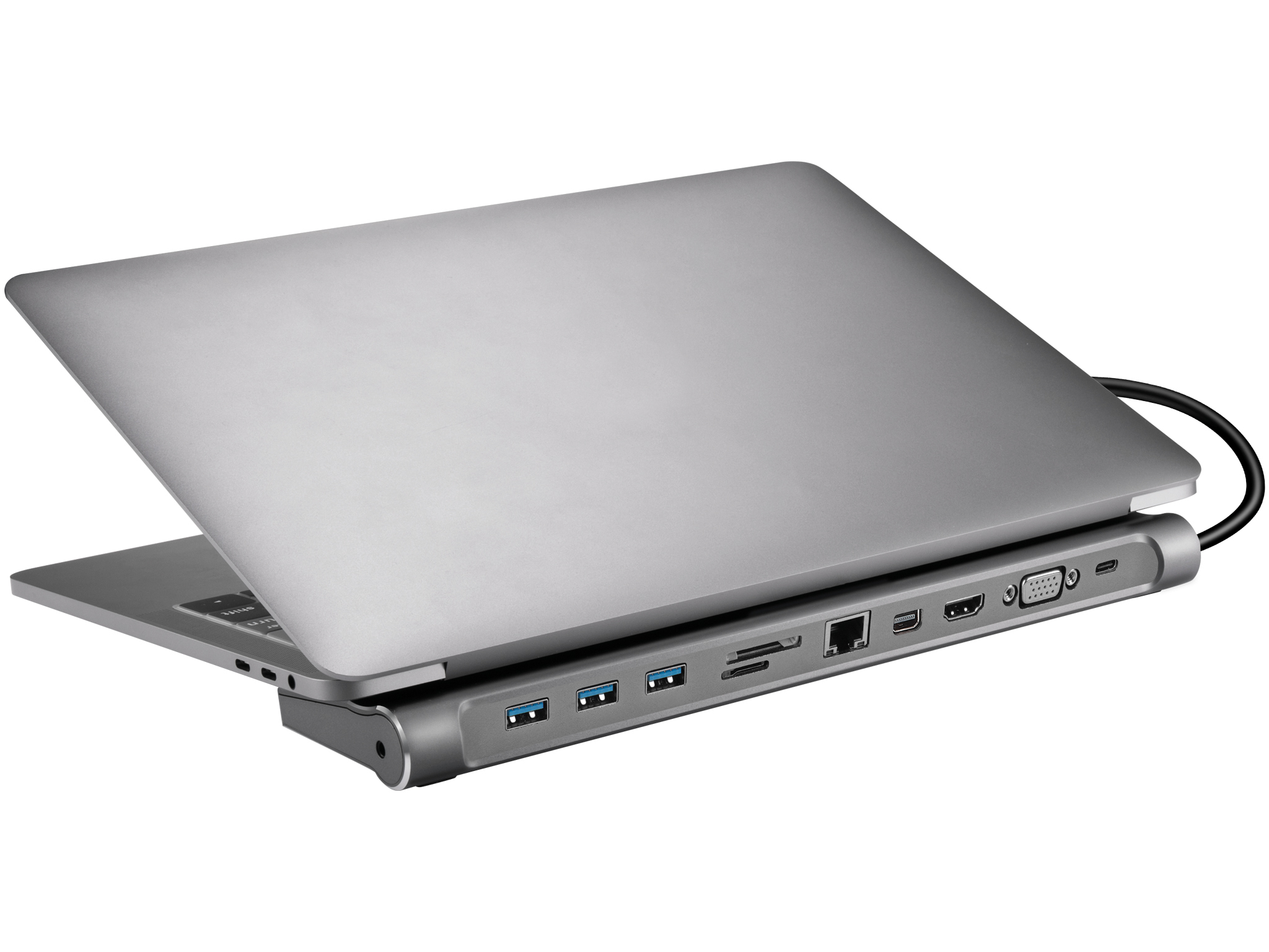 Laptop con una docking station collegata. Il coperchio del laptop è aperto. Sfondo bianco.