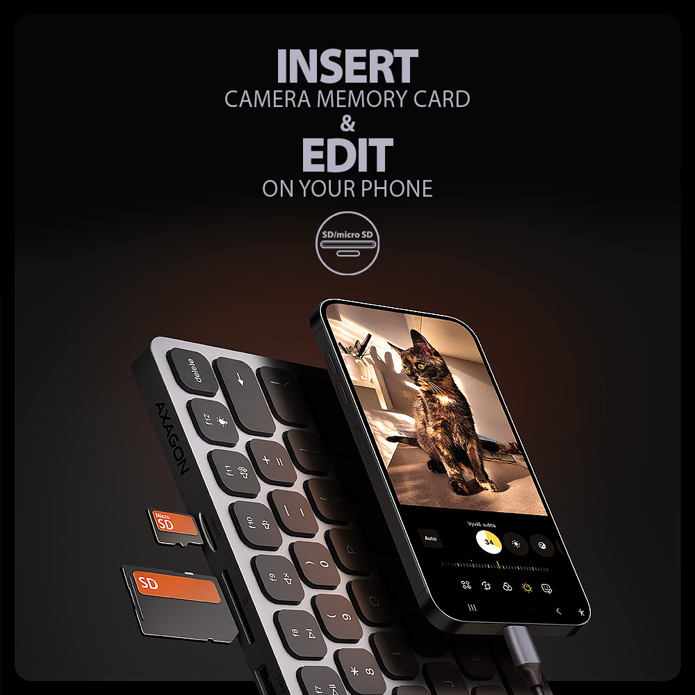 Uno smartphone, una tastiera e un lettore di schede SD con una foto di gatto sullo schermo del telefono. Il testo dice 'Insert & Edit'.
