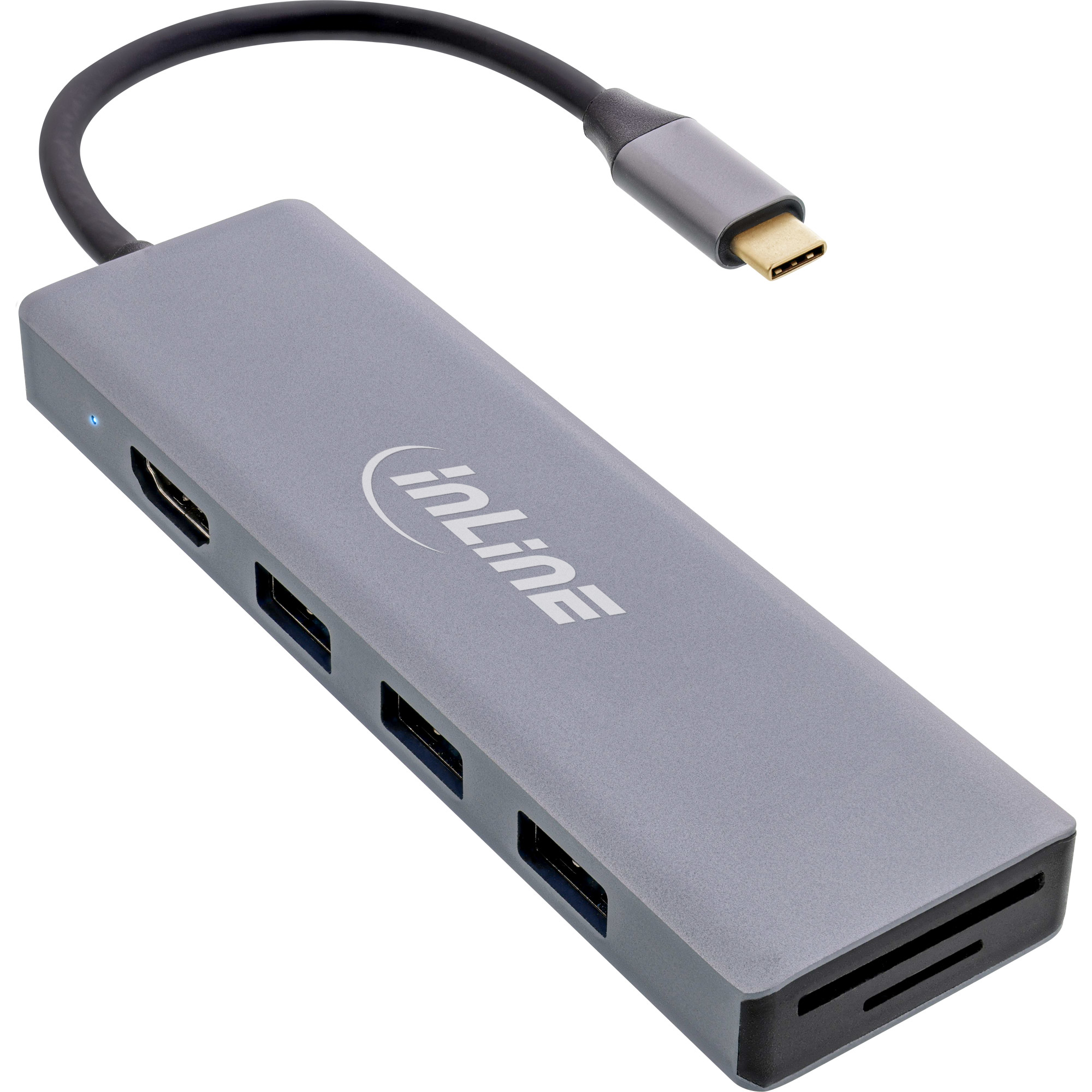 Hub Inline grigio con cavo. Le porte includono HDMI e USB. Il testo 'InLine' è visibile.