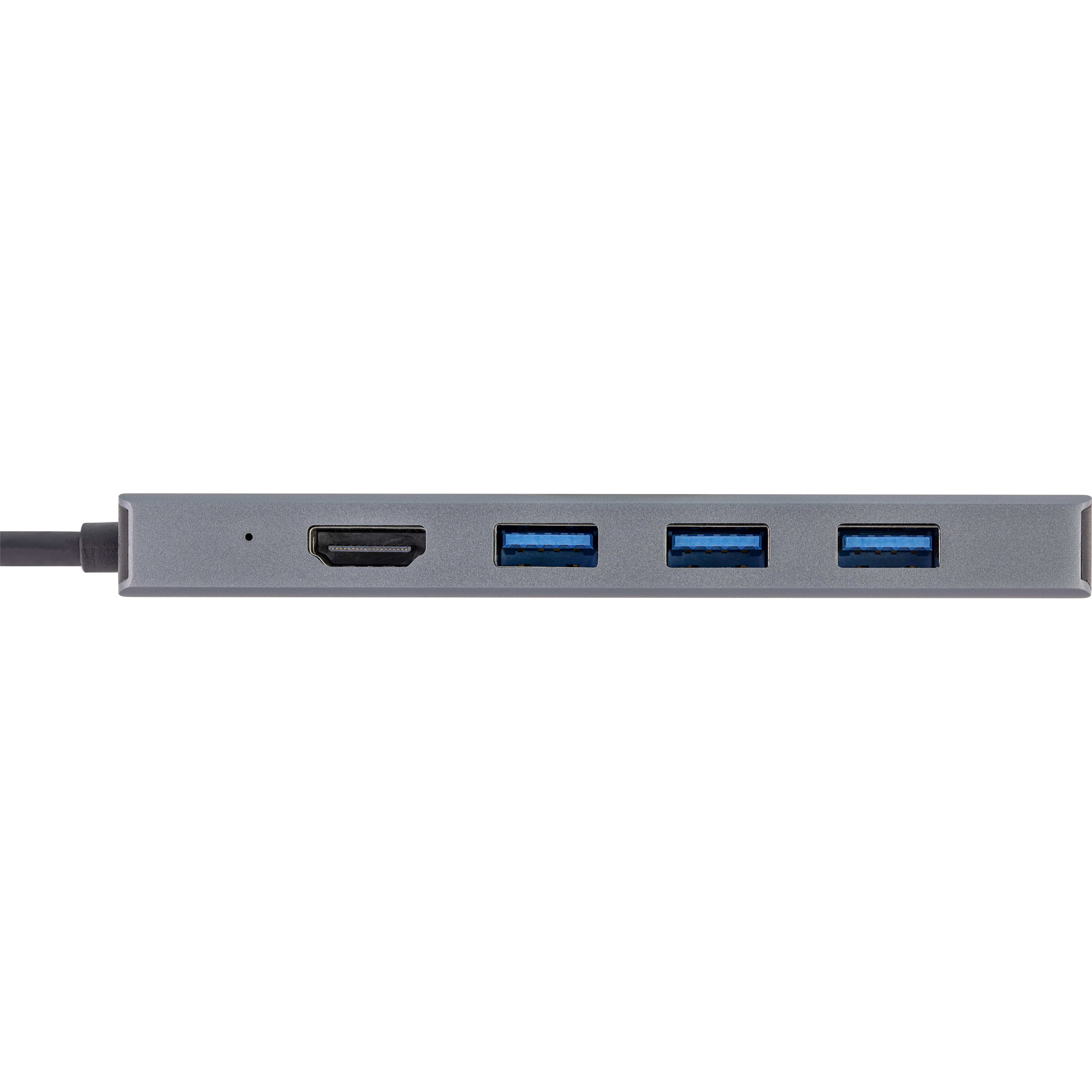 Un hub USB grigio con HDMI e tre porte USB. È su uno sfondo bianco.