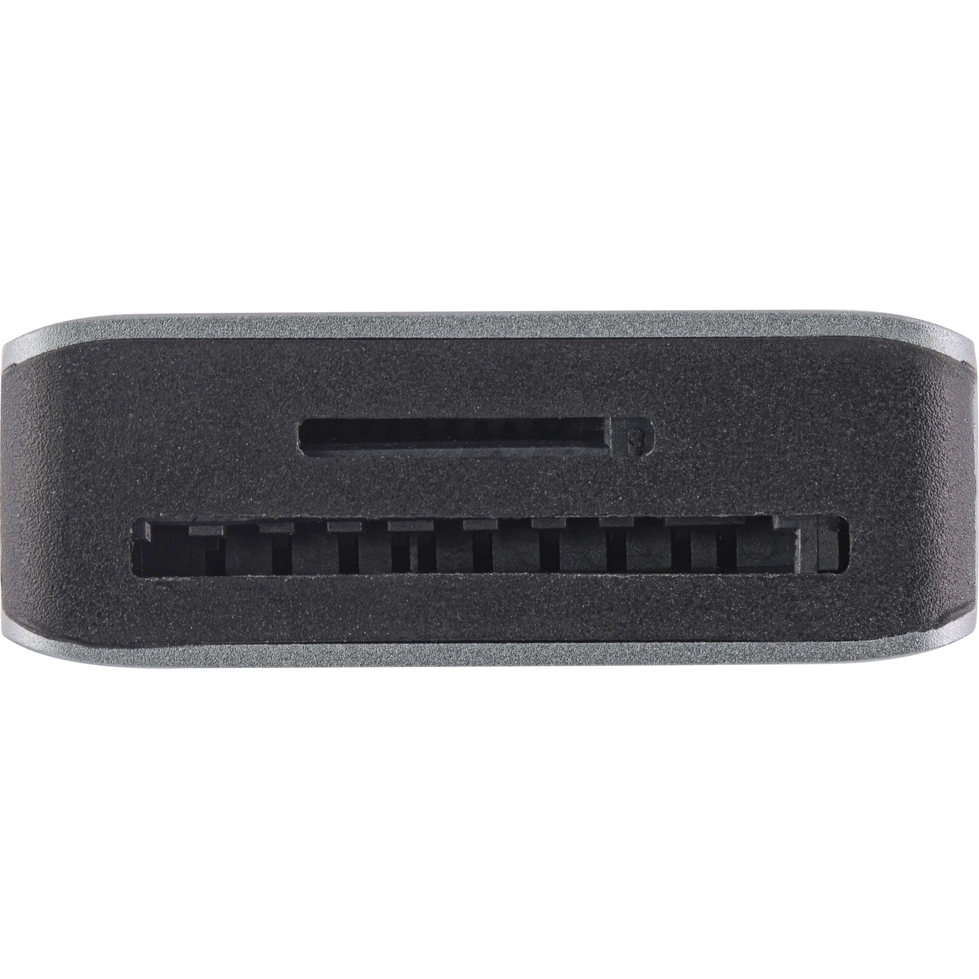 Un lettore di schede nero e argento con slot per schede SD e altri tipi di supporto.